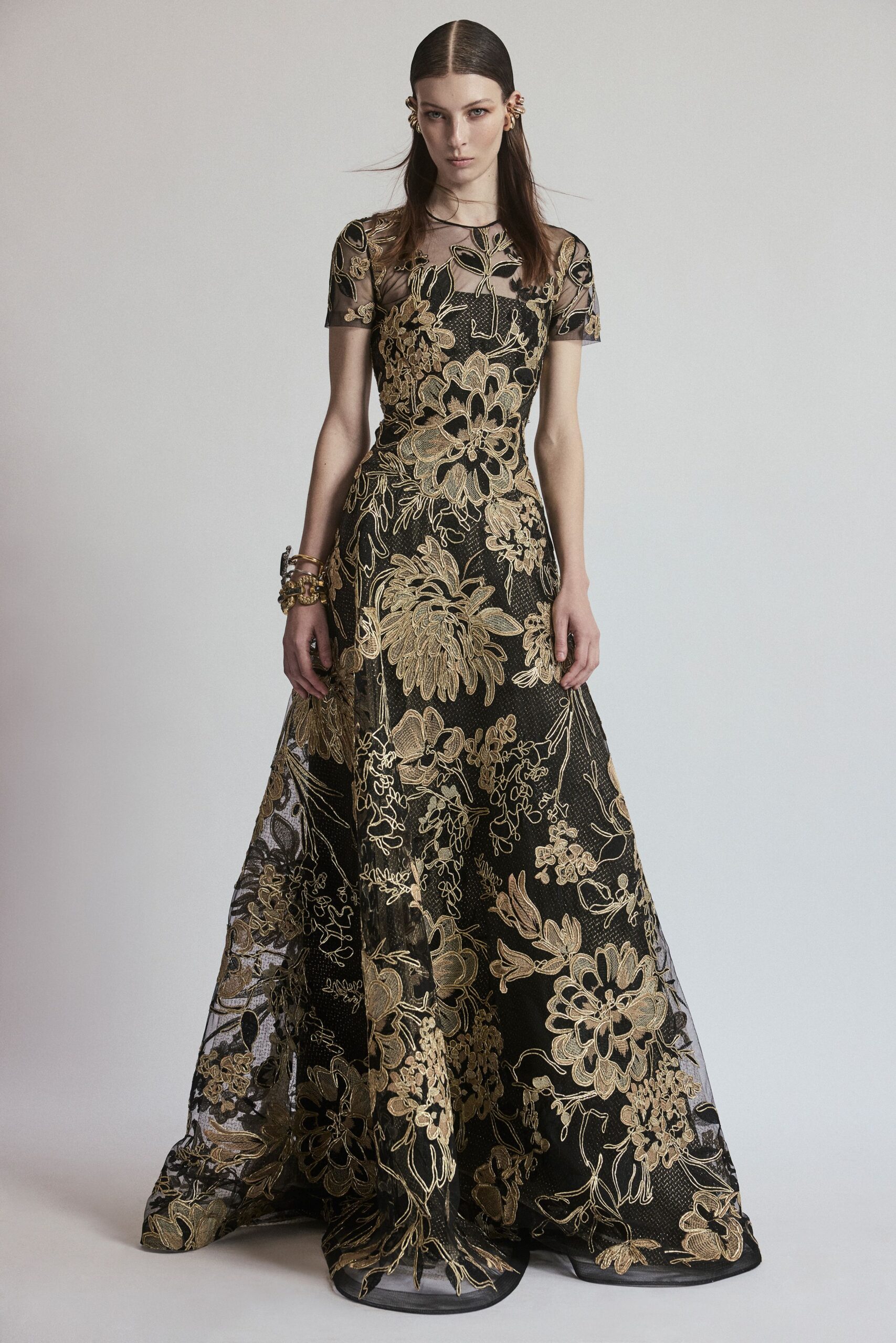 black and gold embroidered gown