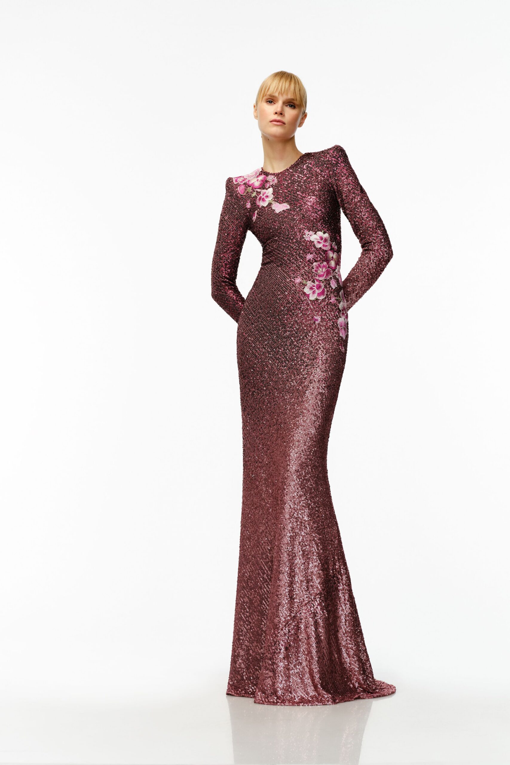 purple sequin long-sleeve gown