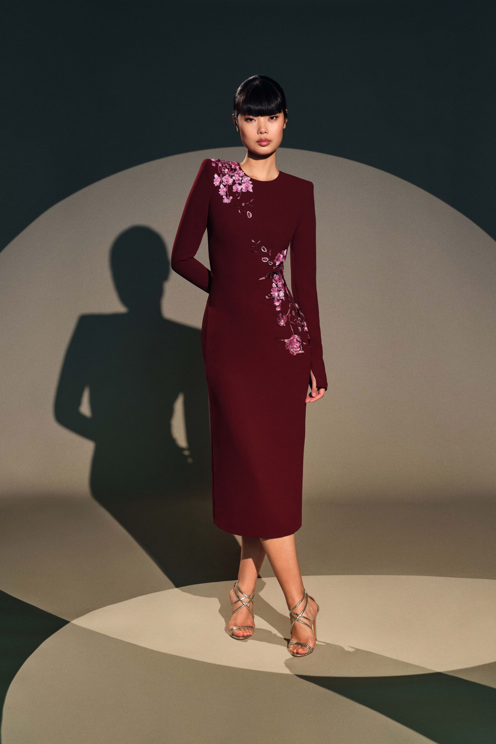 maroon fitted long-sleeve dress