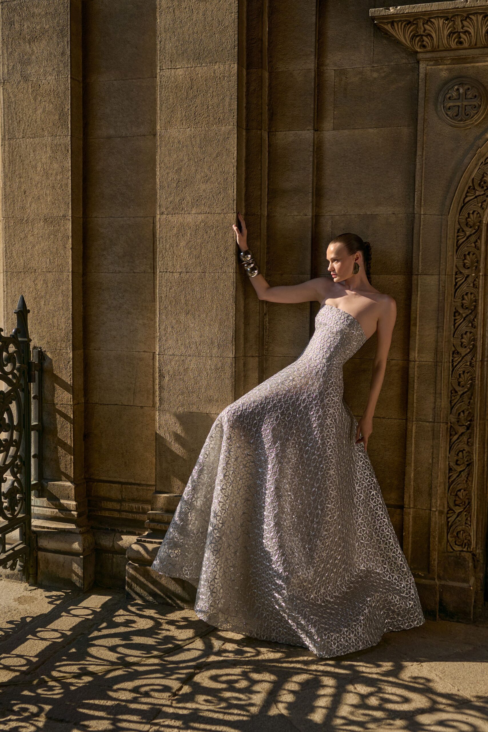 silver metallic strapless gown