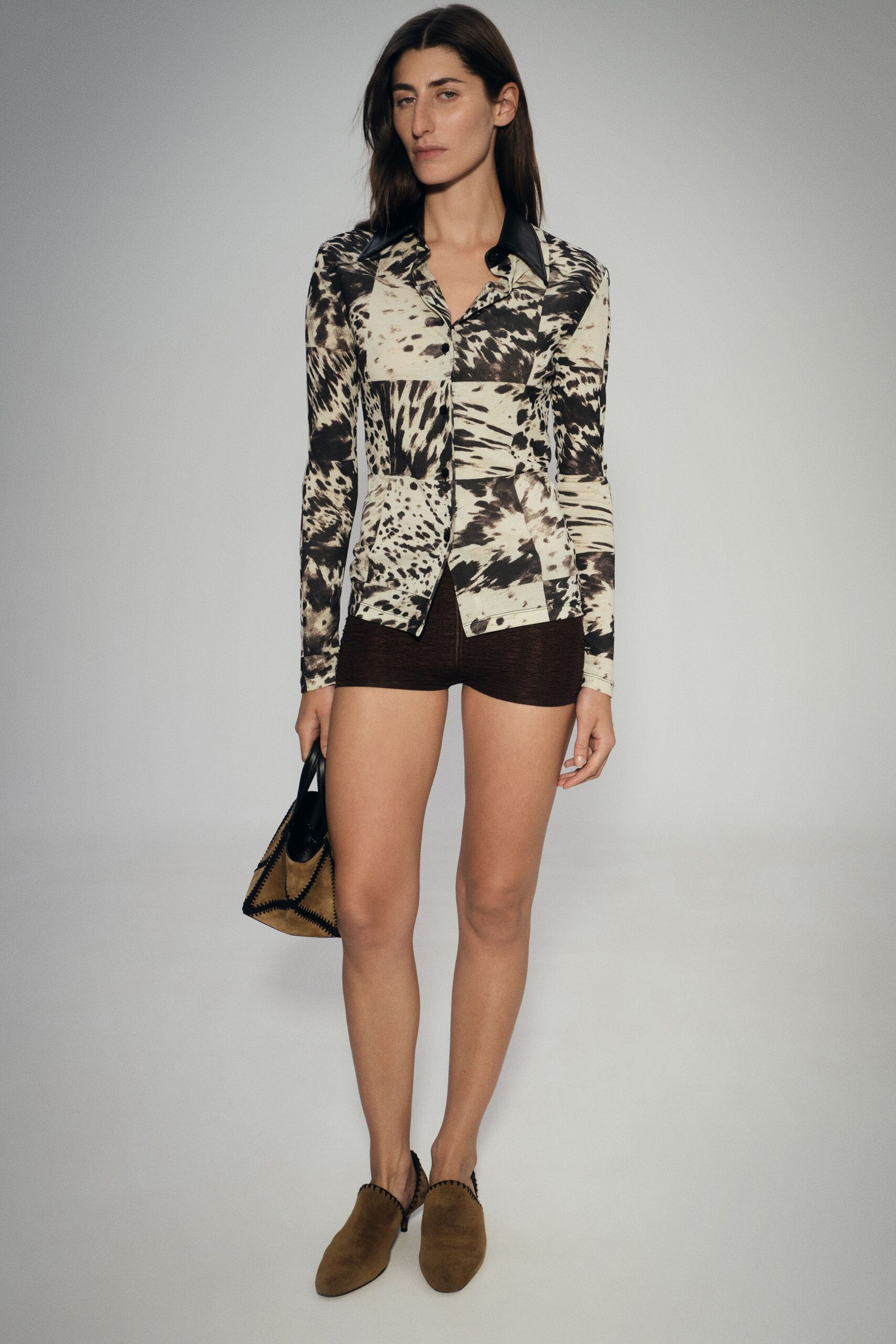 beige cotton long-sleeve collared fitted printed shirt