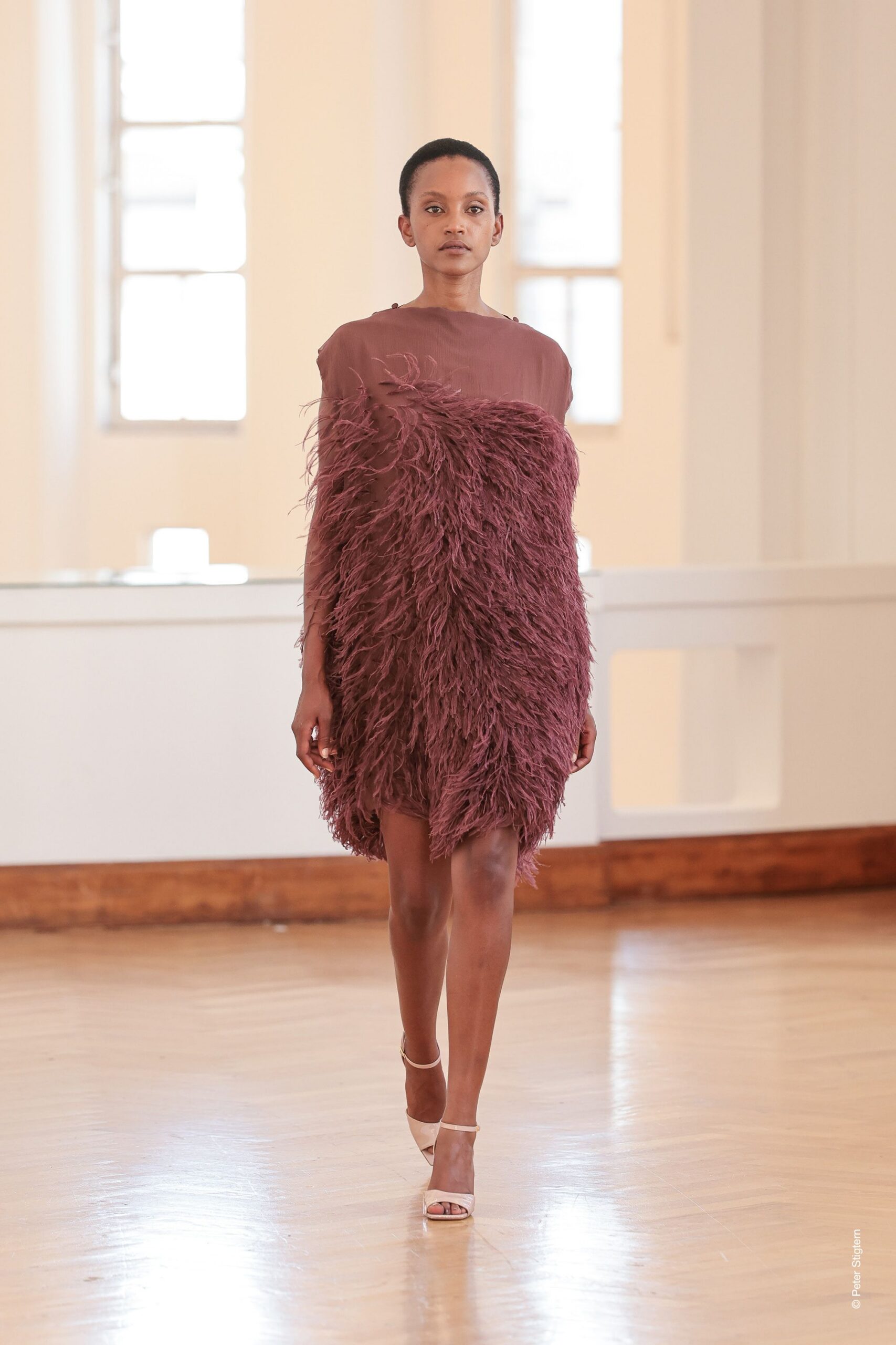 fringed purple mini dress with clear shoes