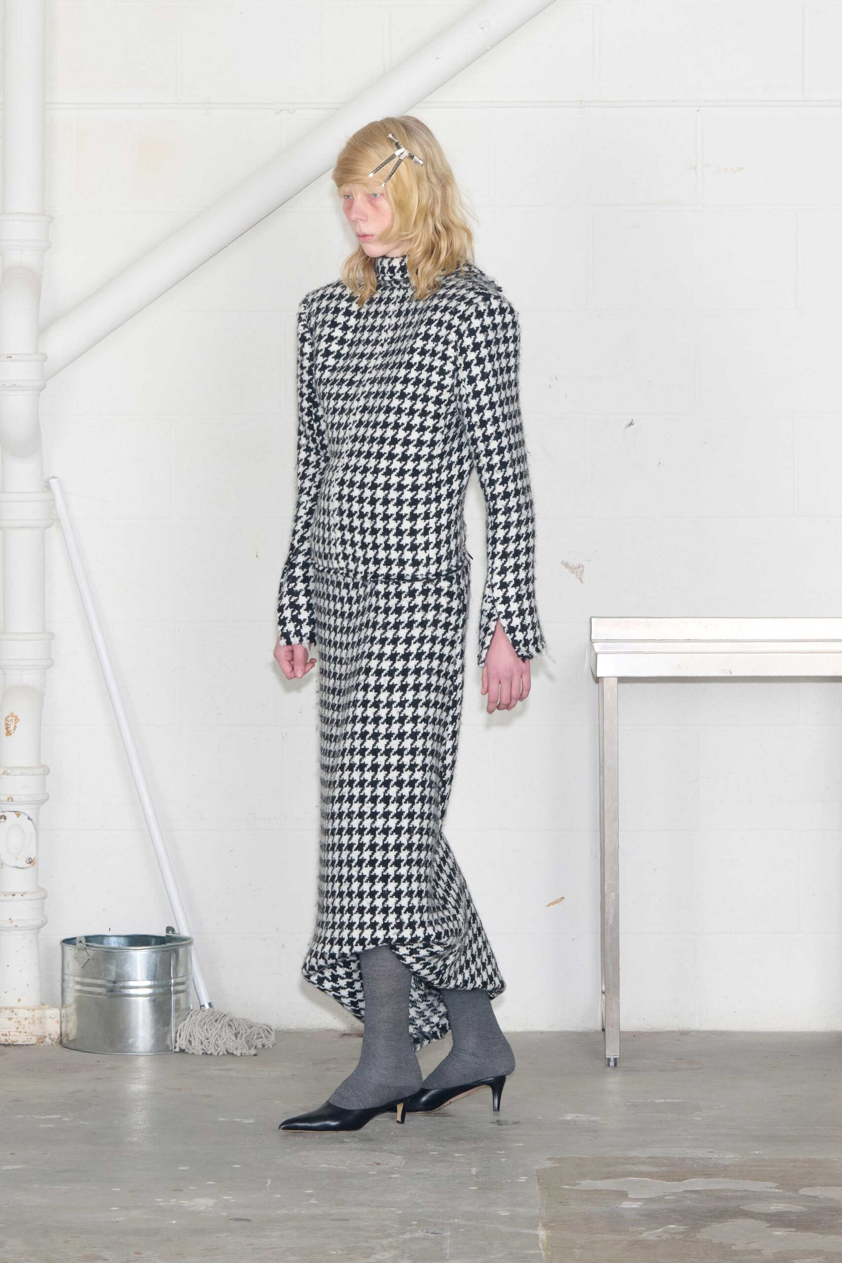 black cotton long-sleeve high-neck fitted checked midi dress