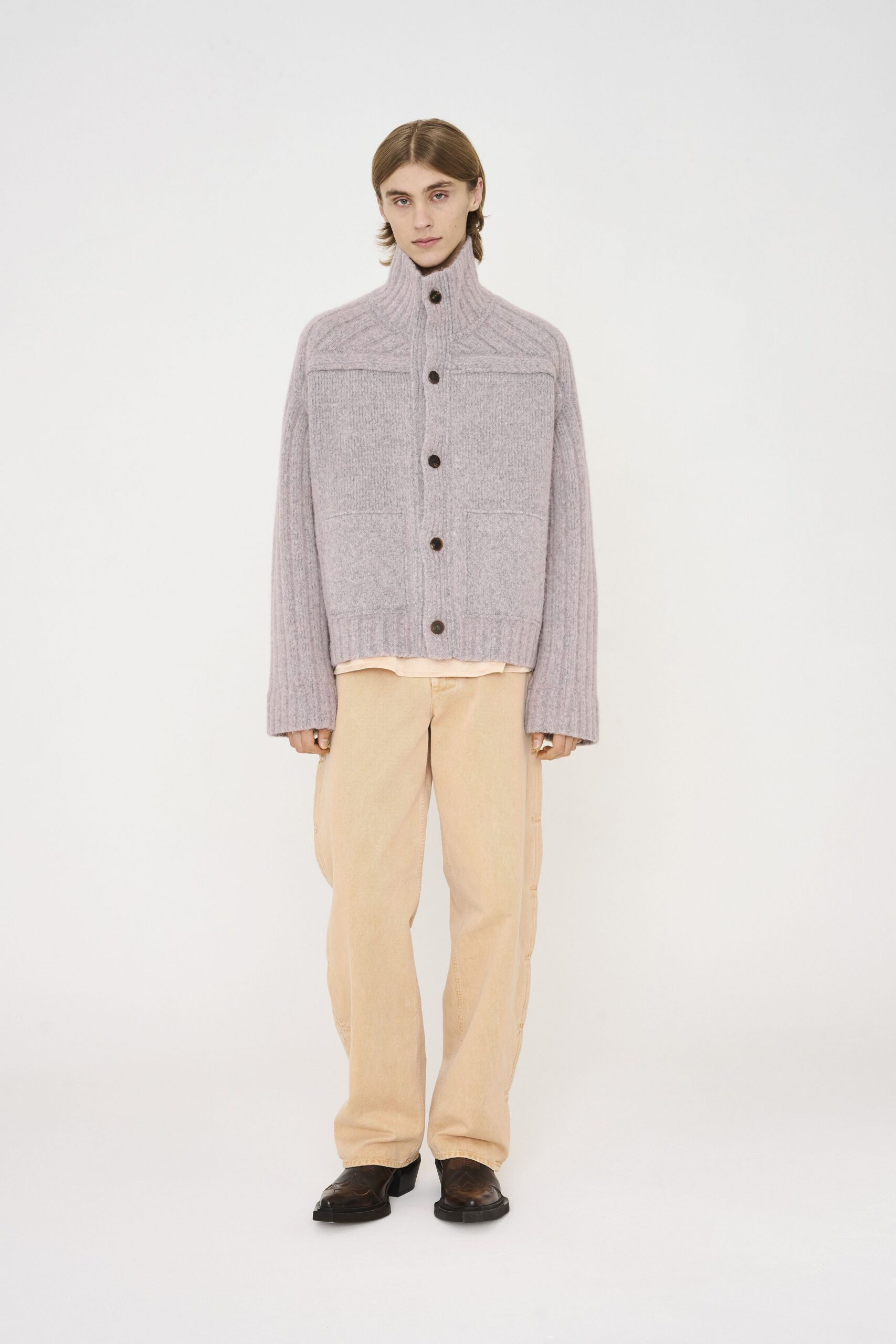 gray wool long-sleeve collared oversized buttoned jacket