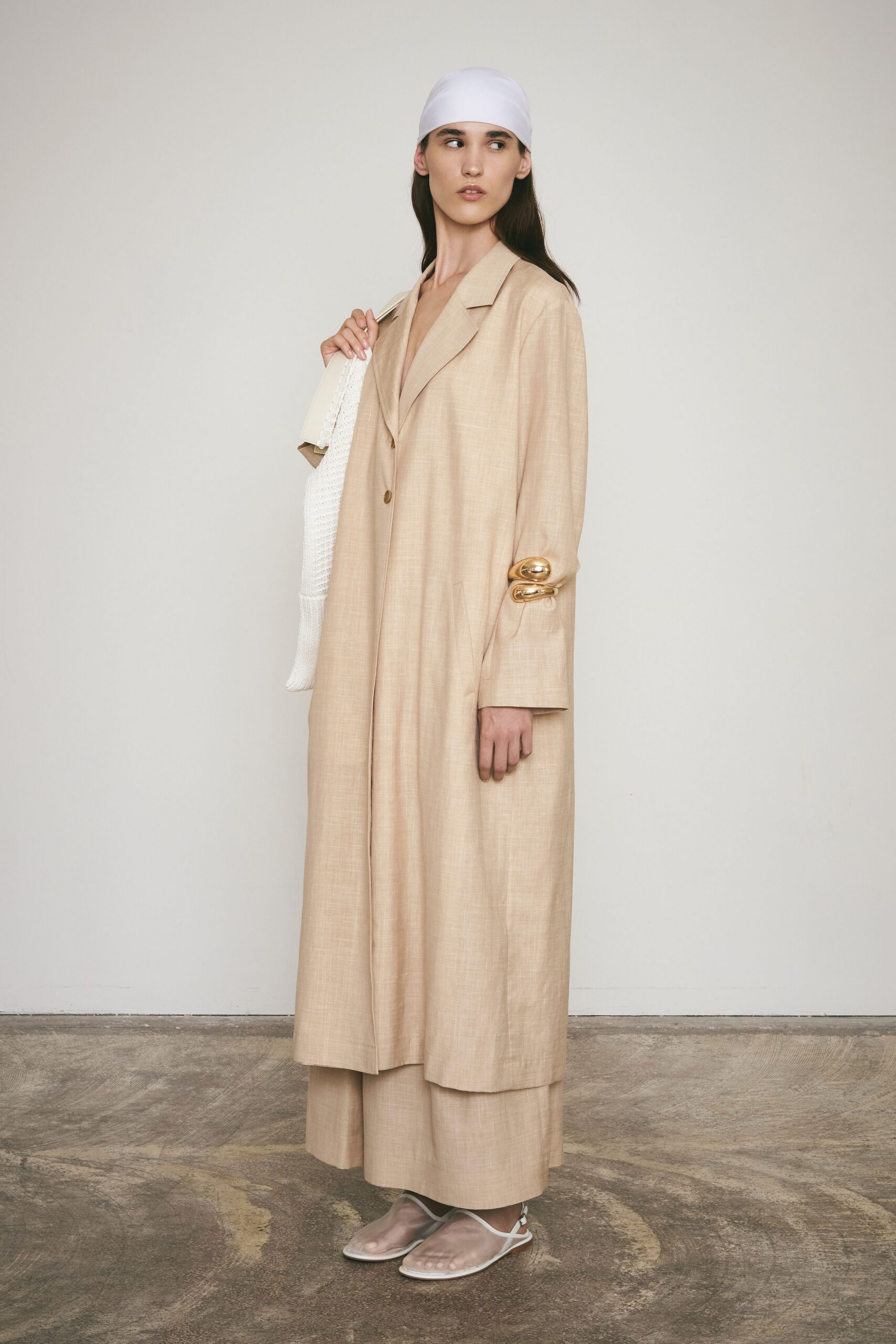 beige linen long-sleeve collared relaxed buttoned maxi coat