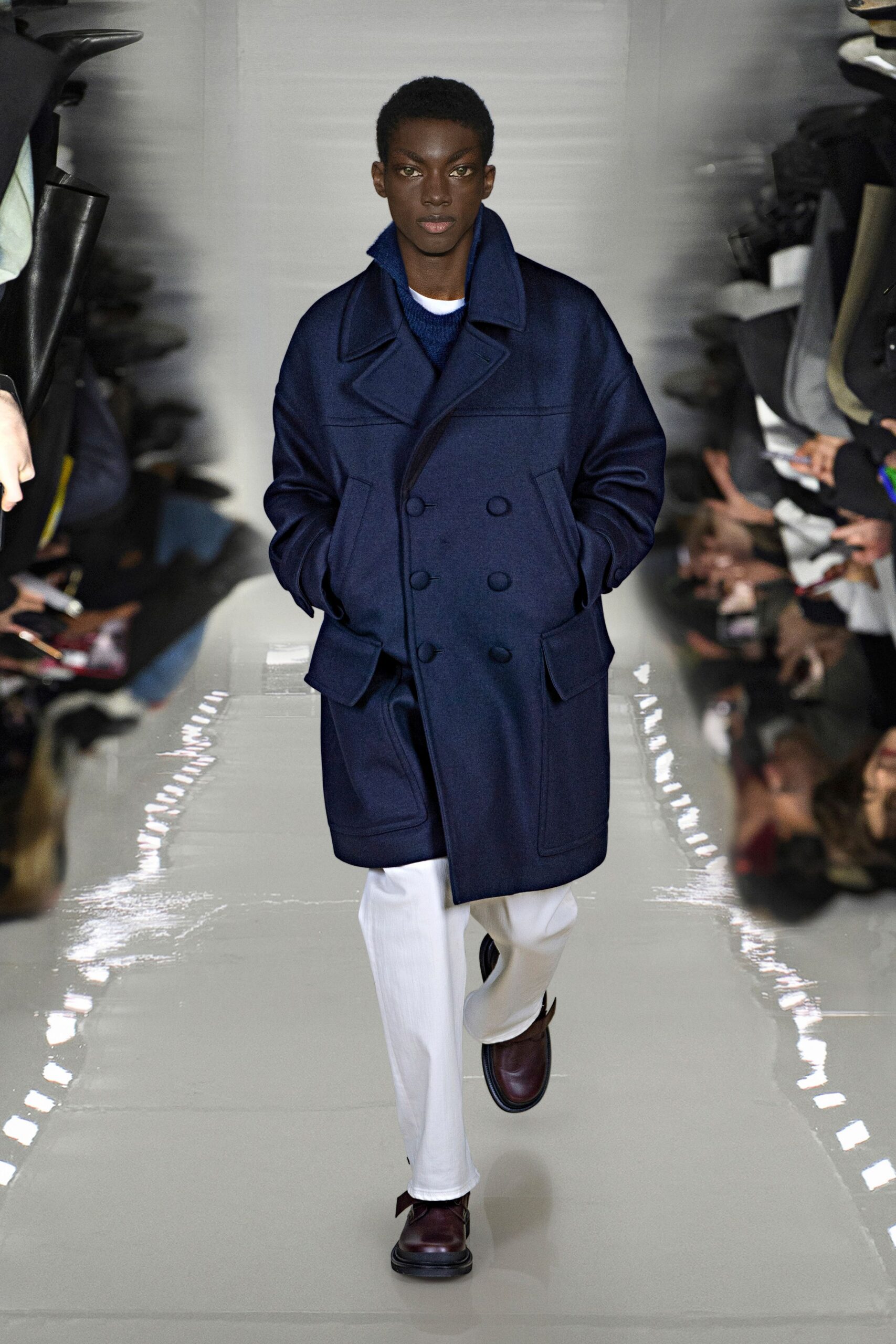 blue wool long-sleeve collared relaxed coat