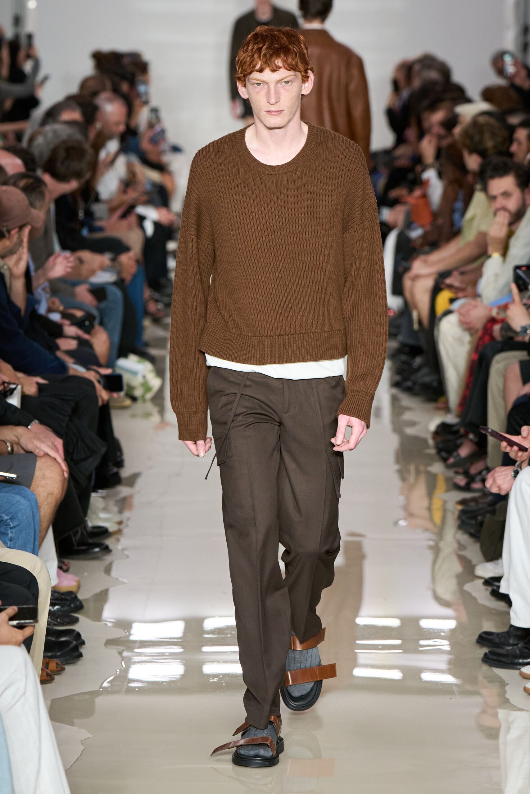 brown wool relaxed sweater with cargo pants
