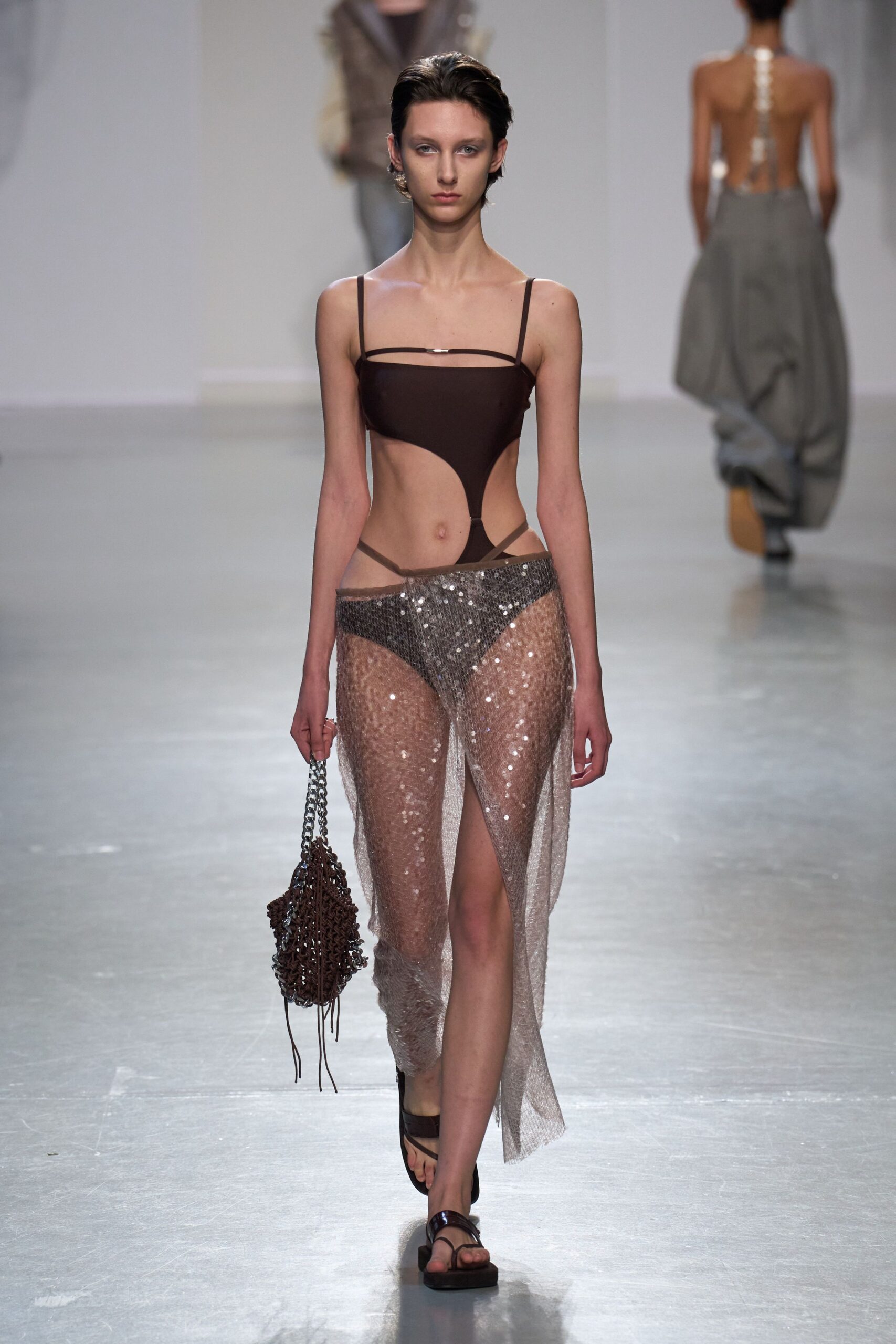 brown silk sleeveless high-neck fitted sequined sheer dress