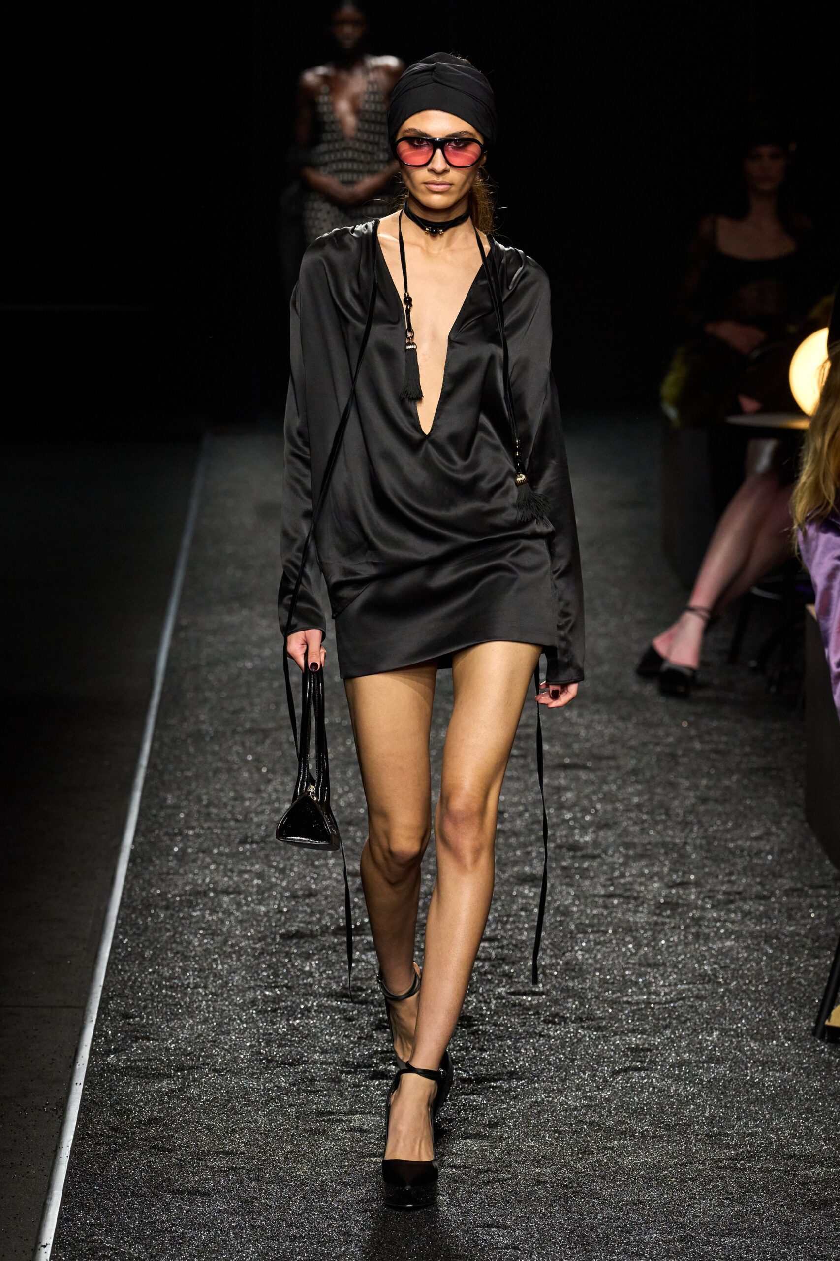 black silk long-sleeve v-neck fitted draped mini dress