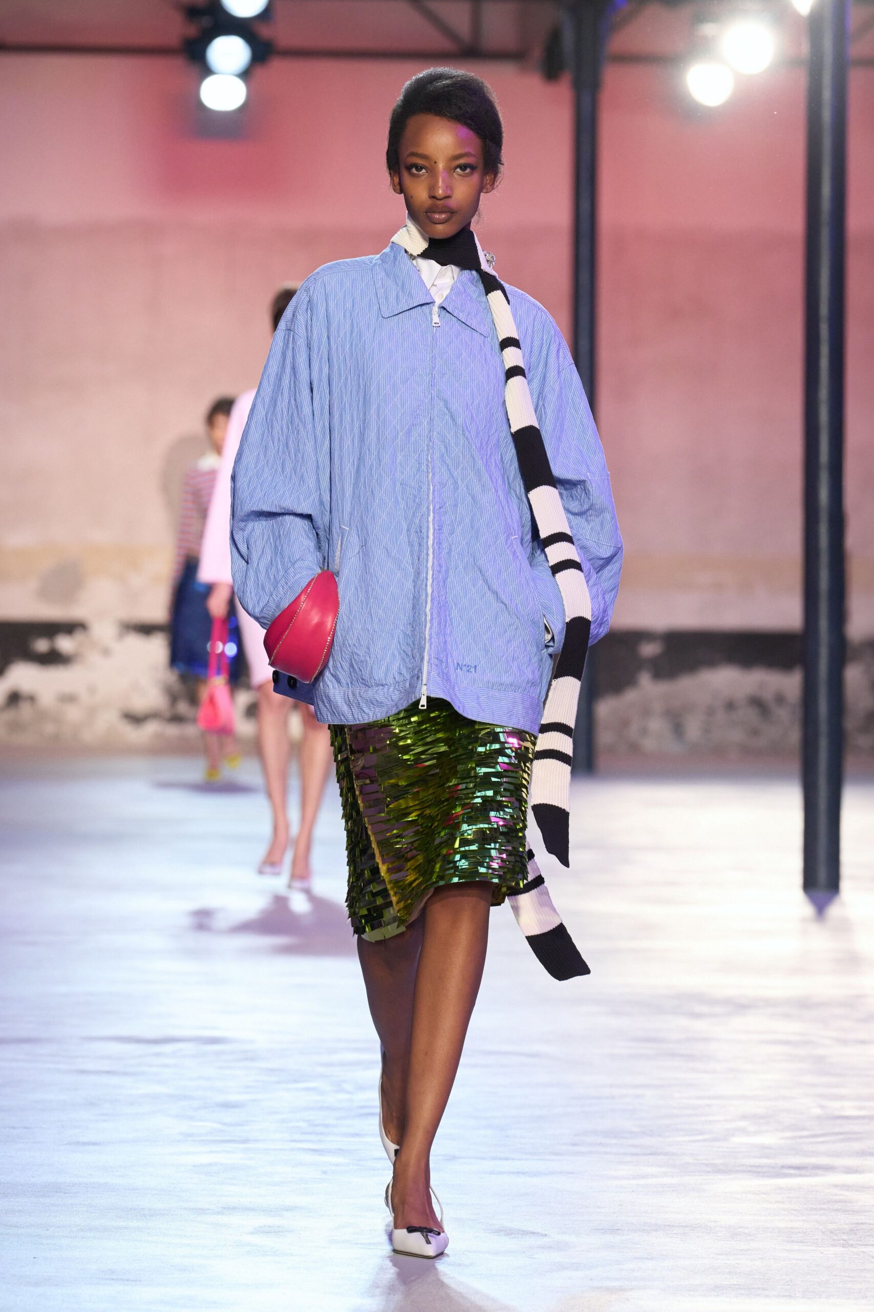 oversized blue jacket with sequined skirt