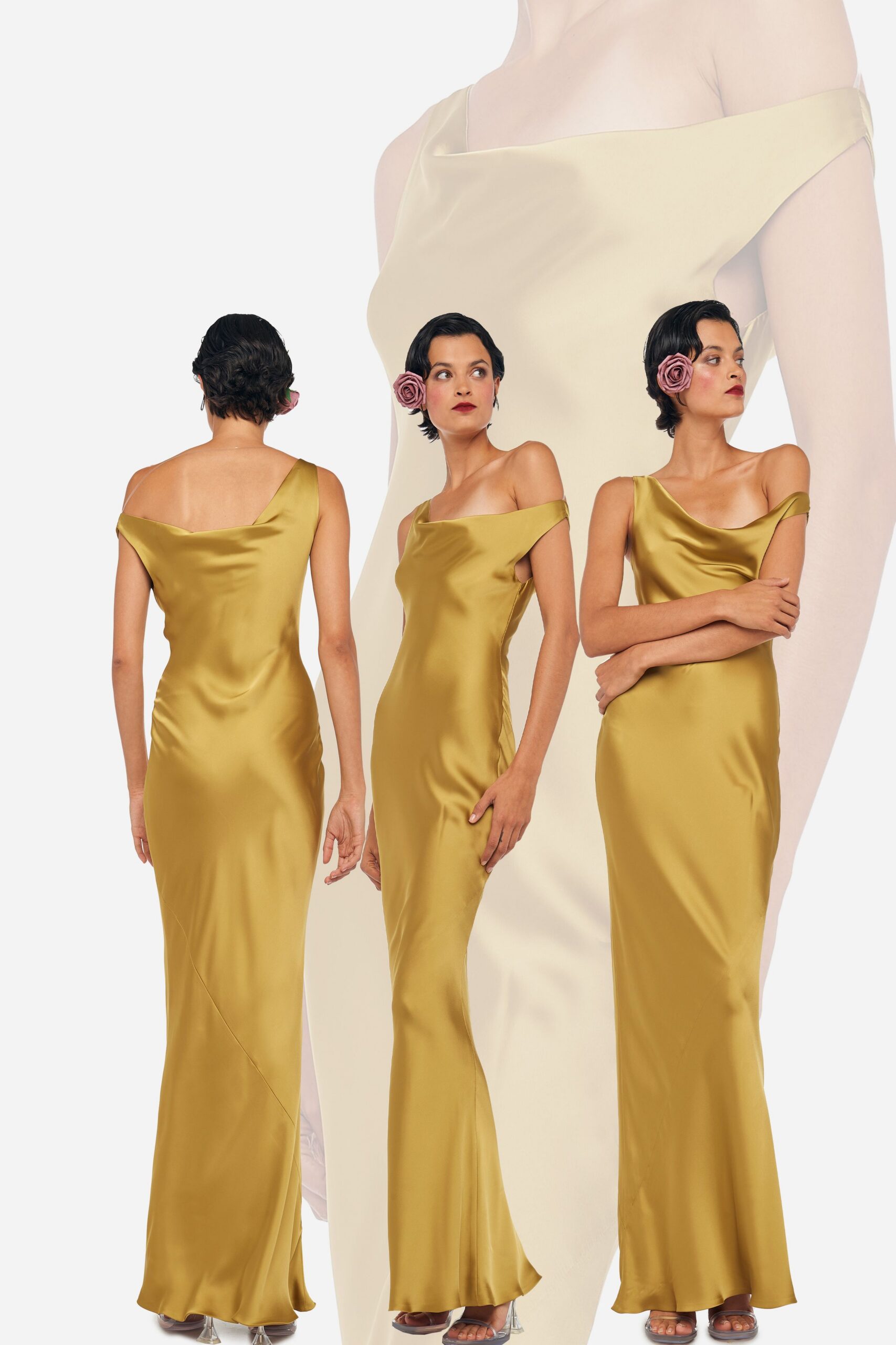 gold satin off-shoulder gown