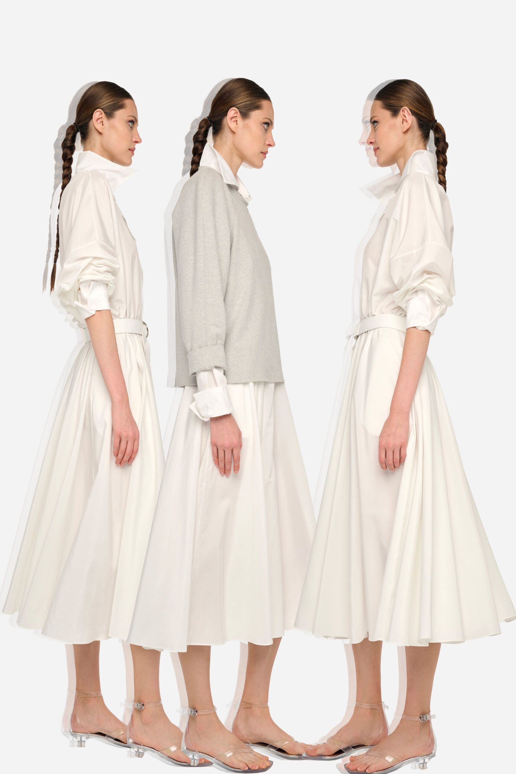 white cotton blouse gray sweater midi skirt