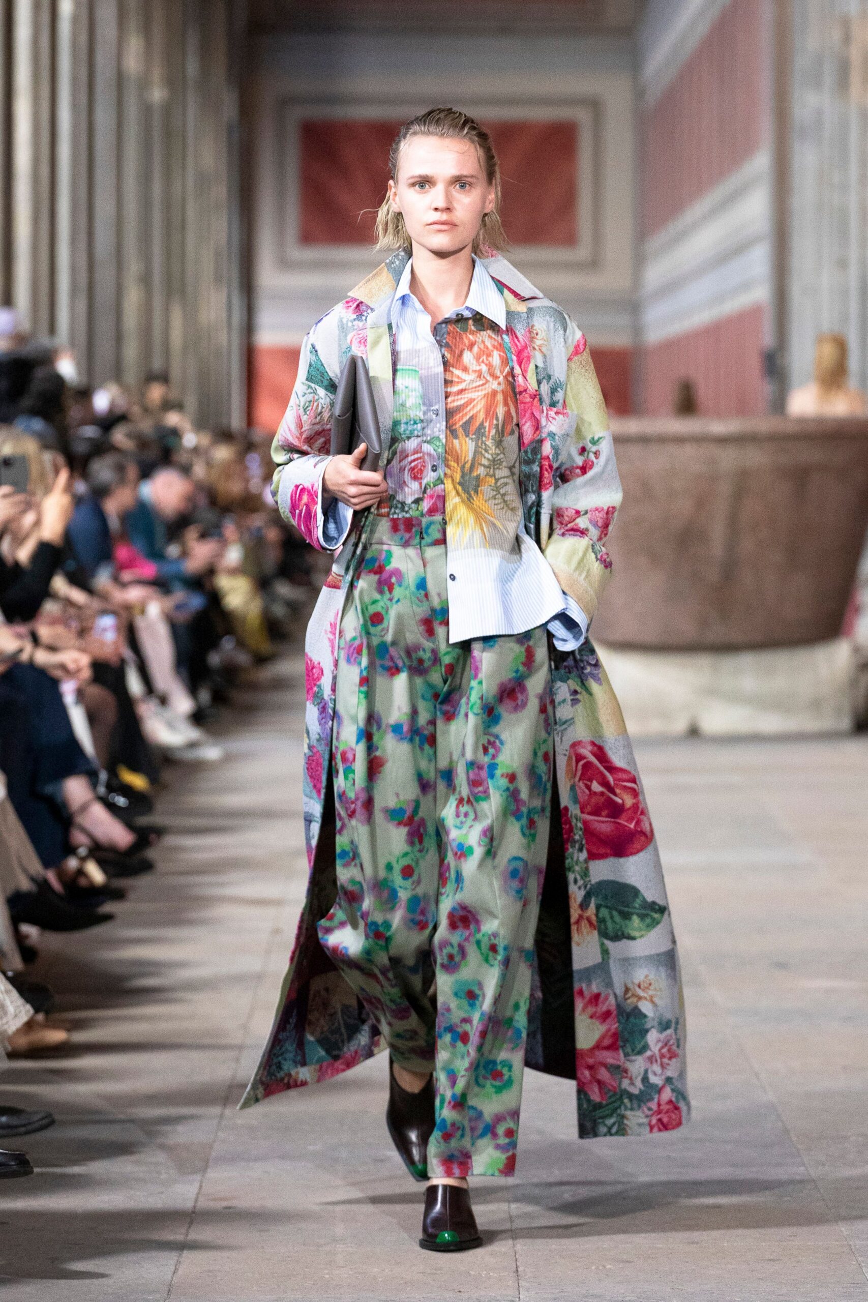 multi silk long-sleeve collared relaxed floral layered coat