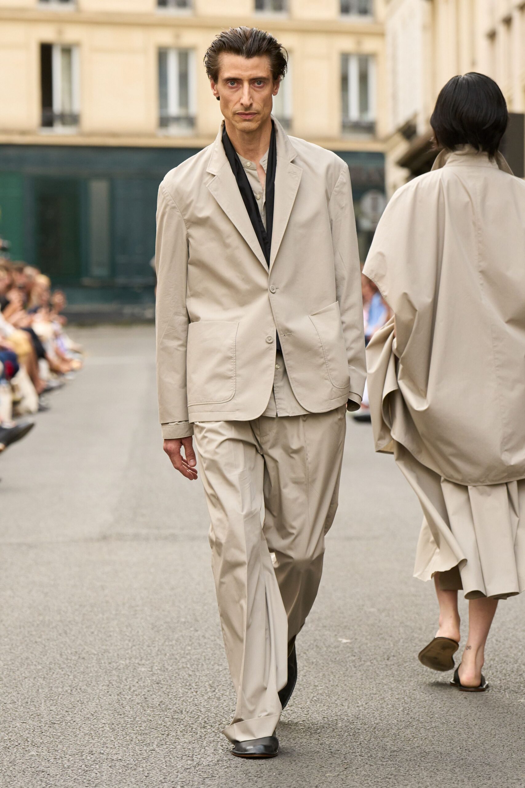 beige cotton long-sleeve collared tailored buttoned suit