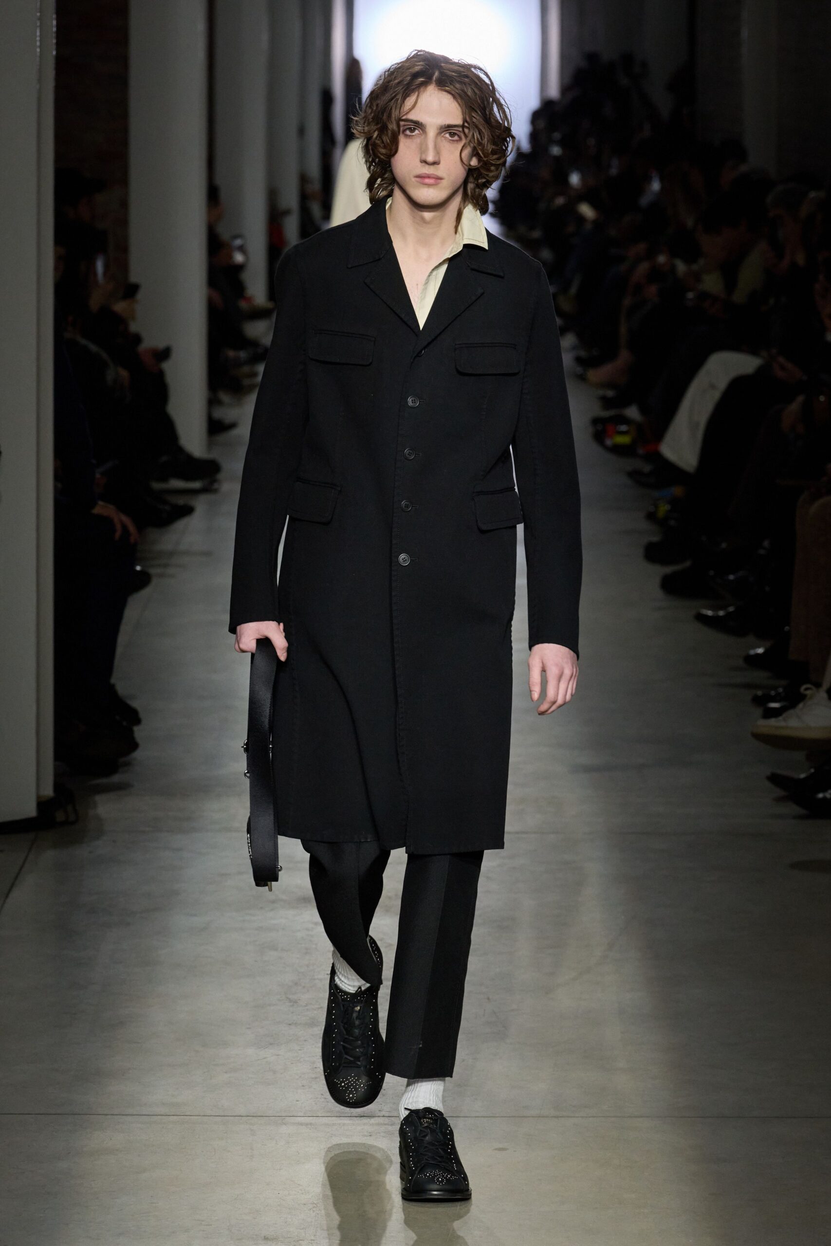 black coat white shirt tailored pants