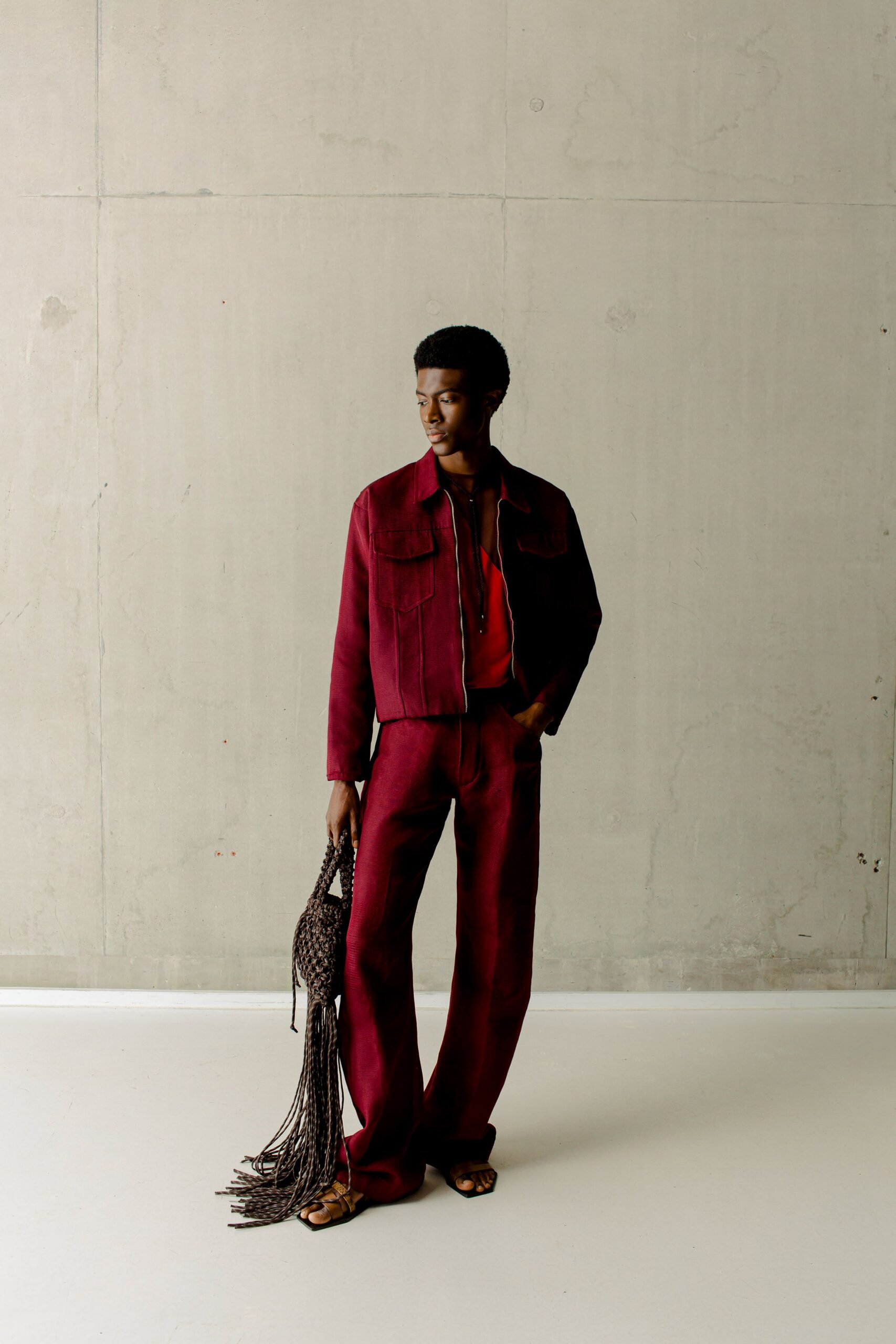 red suede long-sleeve collared fitted jacket