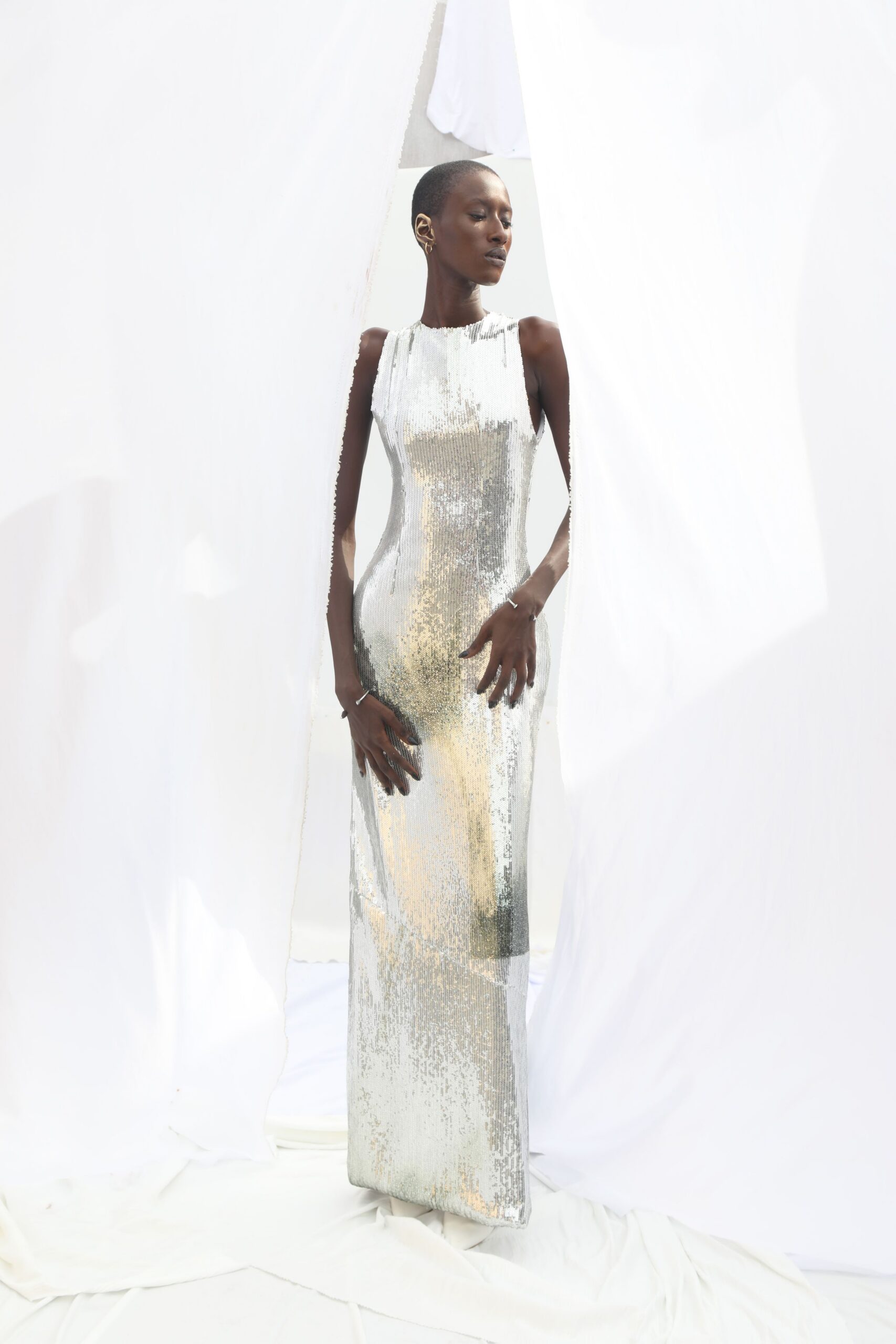 fitted silver sequin gown