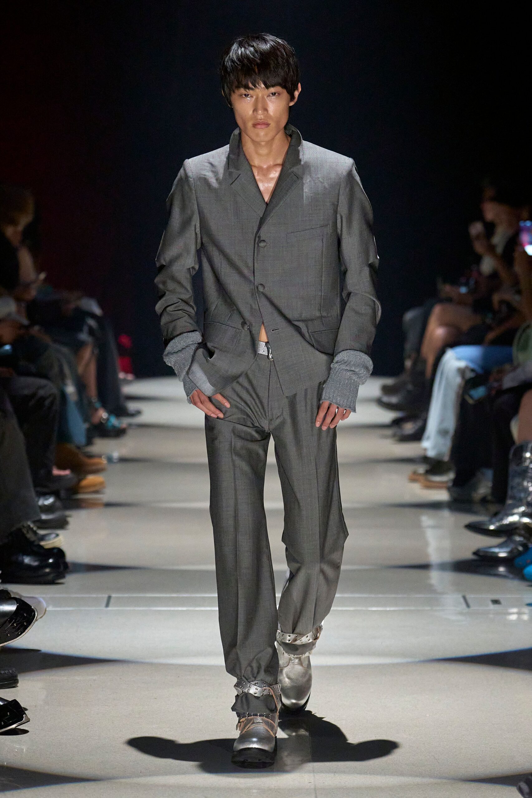 gray tailored suit with shiny shoes