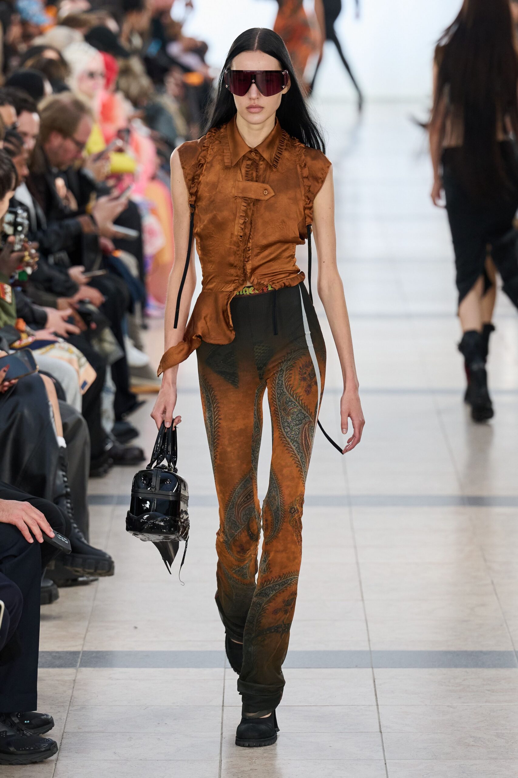 brown cotton fitted high-waisted flared pants