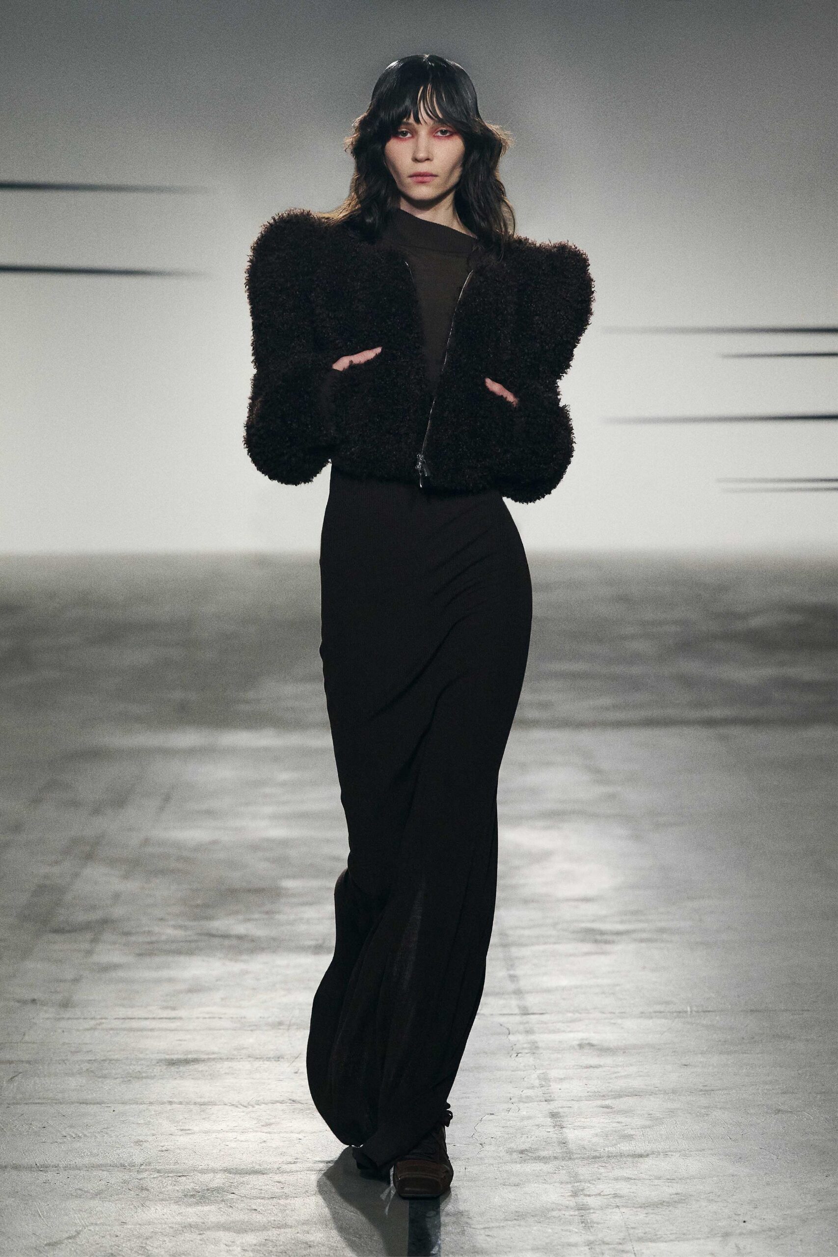 brown fur long-sleeve collared structured padded jacket
