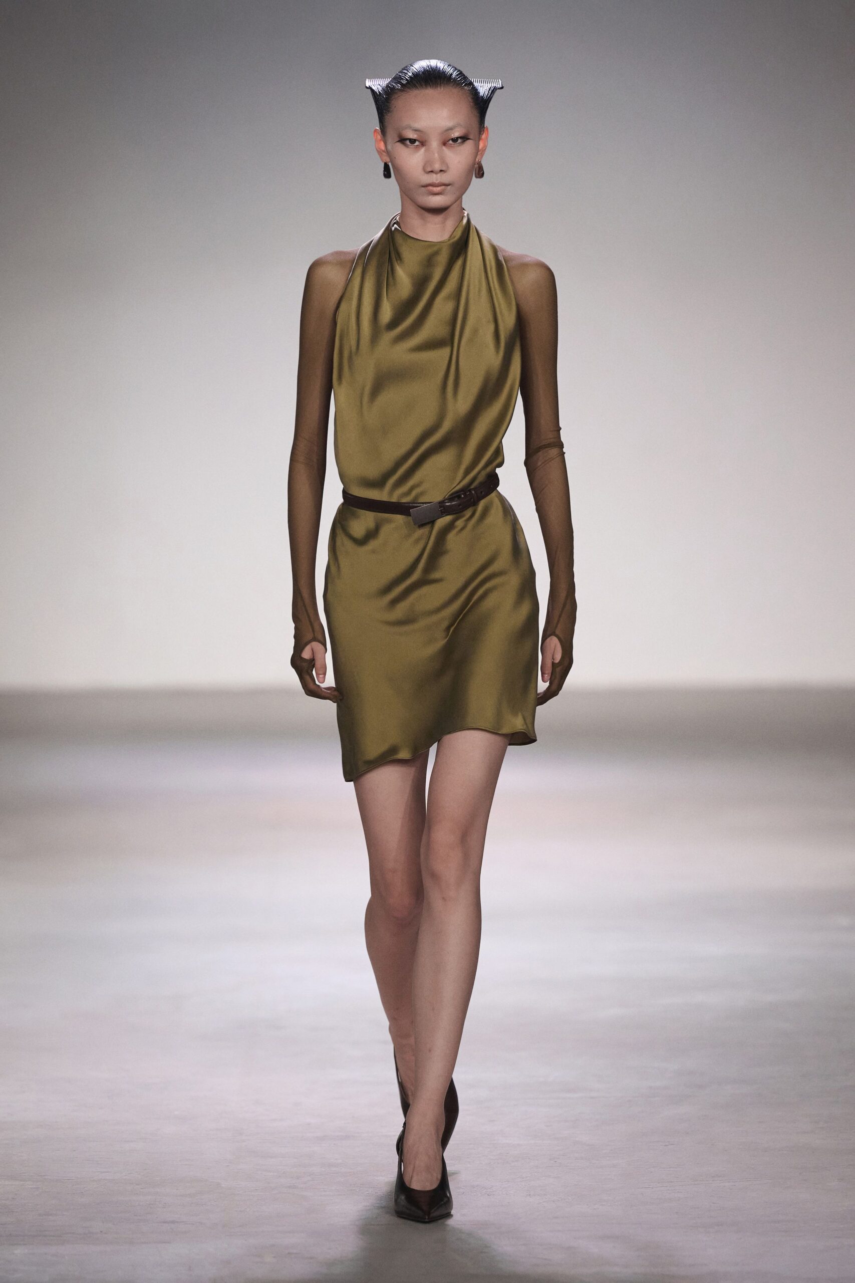 green silk sleeveless high-neck fitted draped mini dress