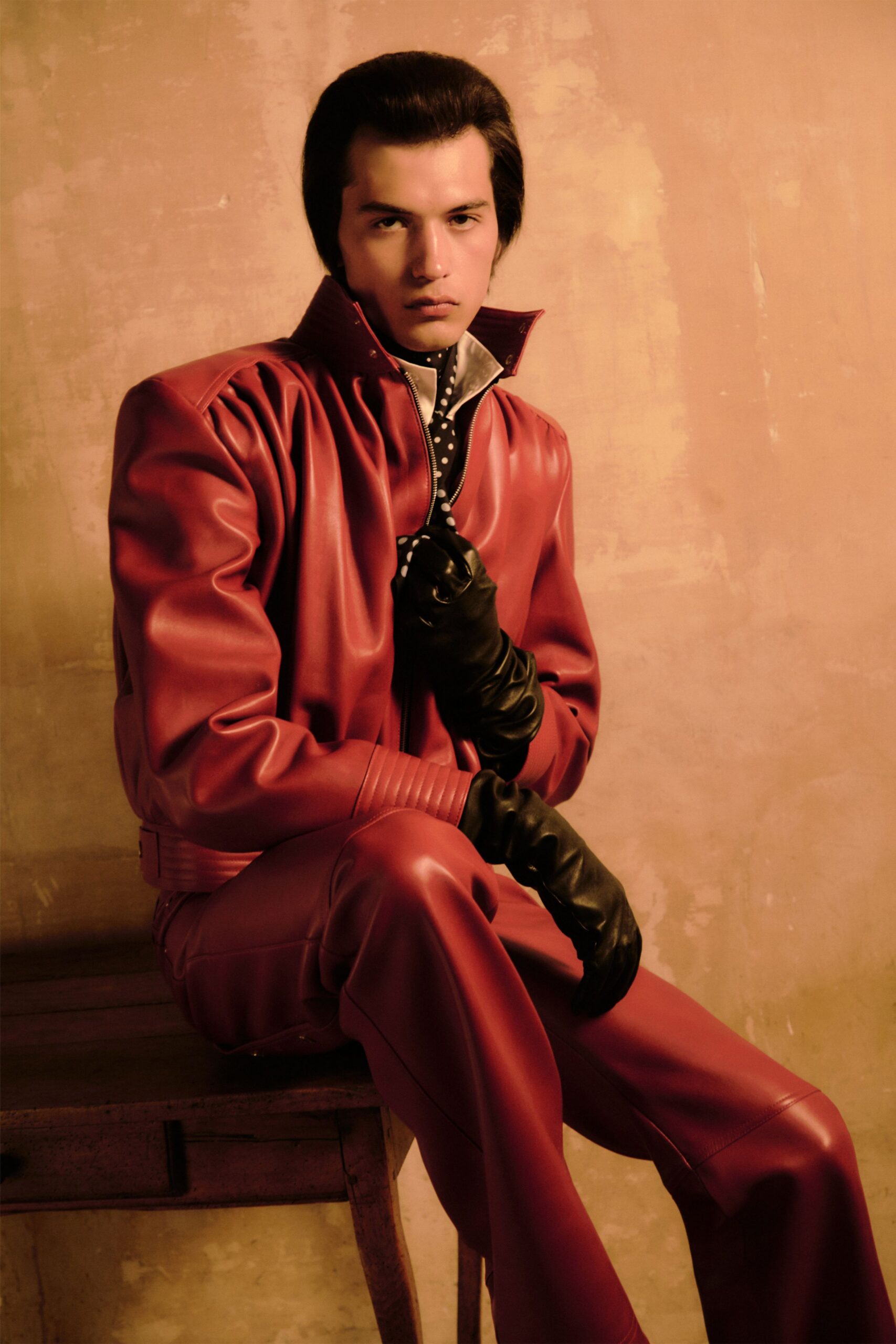 red leather fitted straight-leg pants