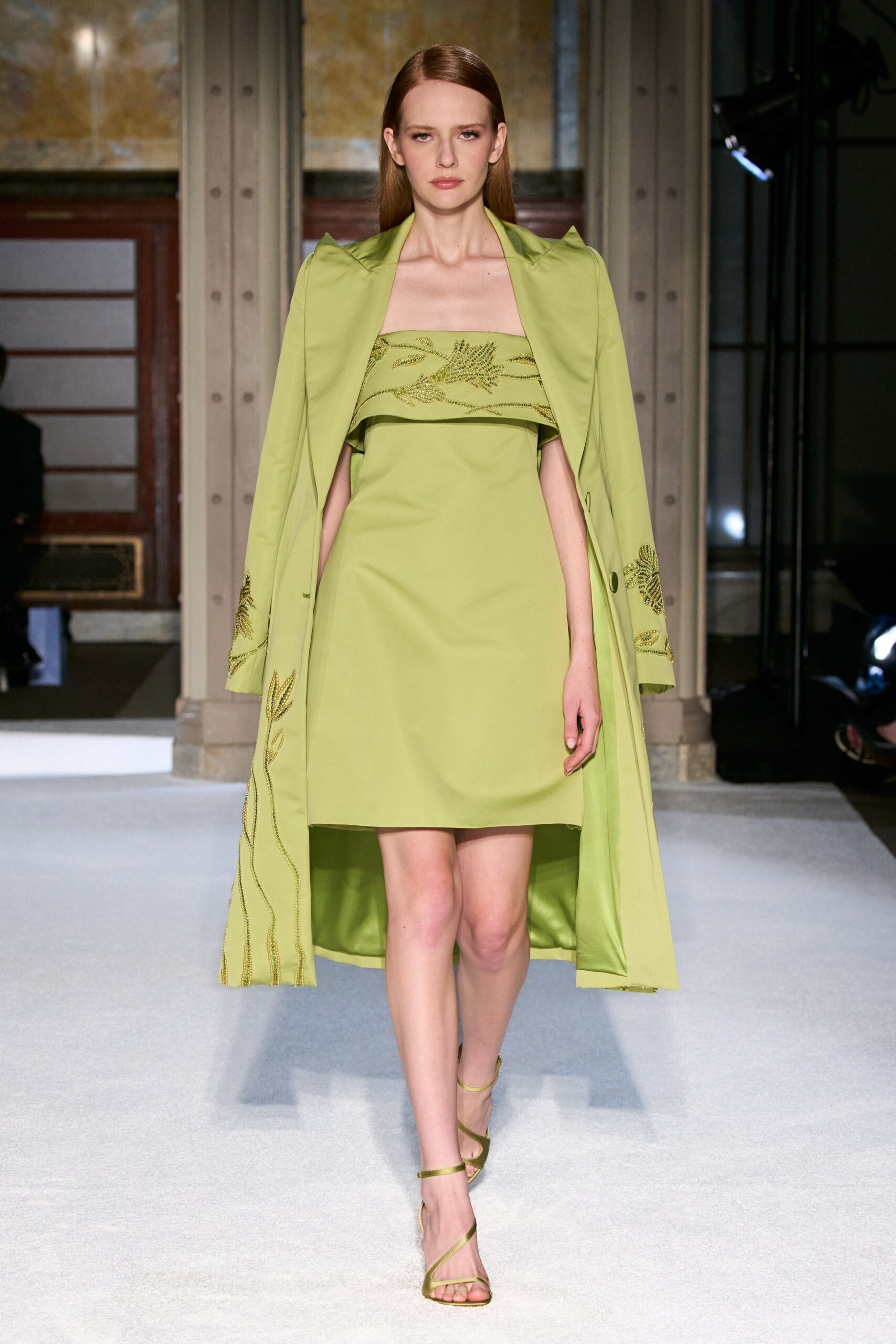green cotton sleeveless square-neck fitted embroidered mini dress