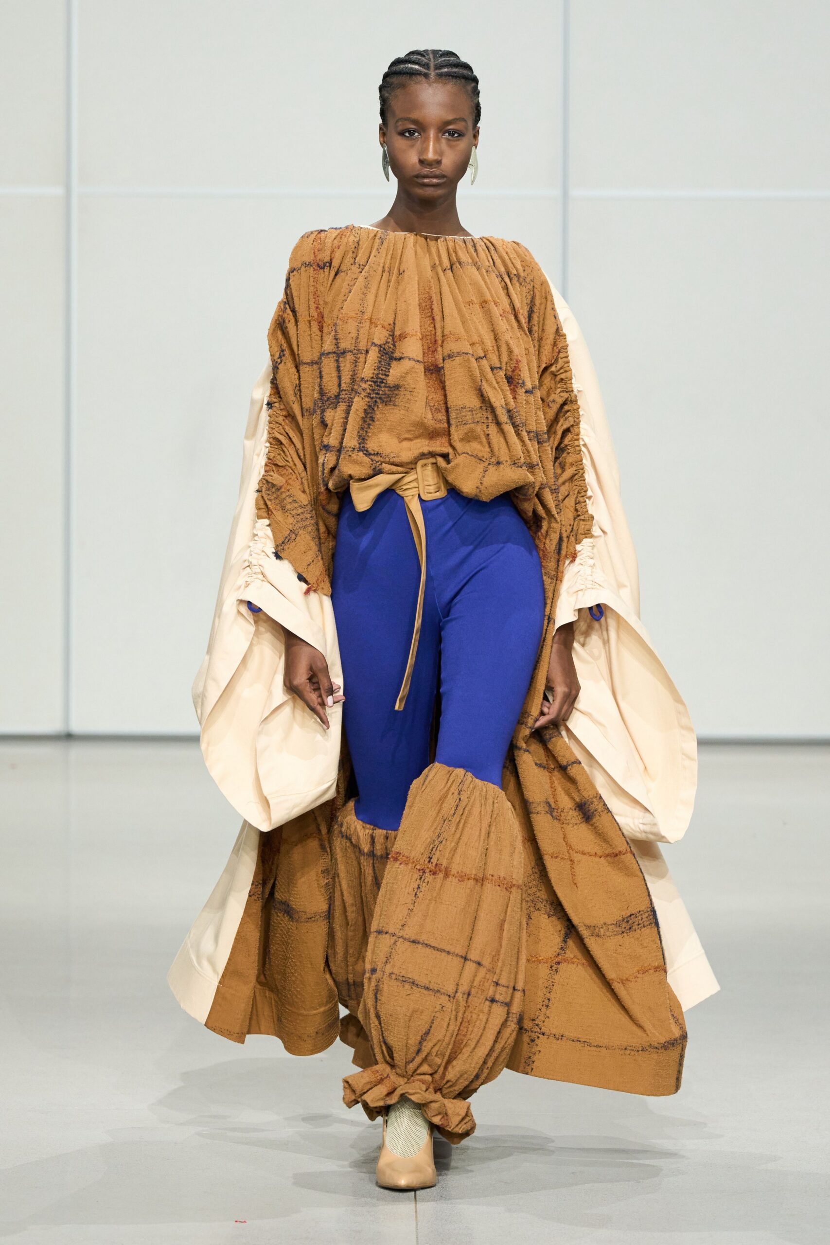 brown layered maxi dress with blue pants