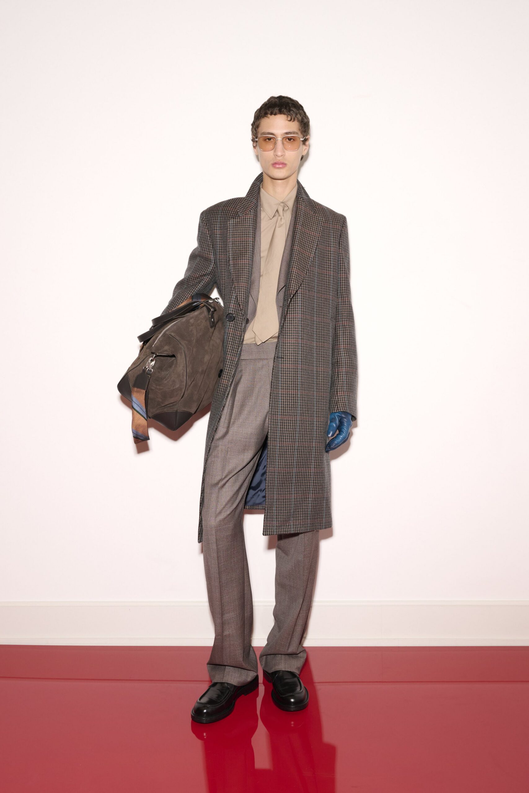 gray wool long-sleeve collared relaxed checked coat