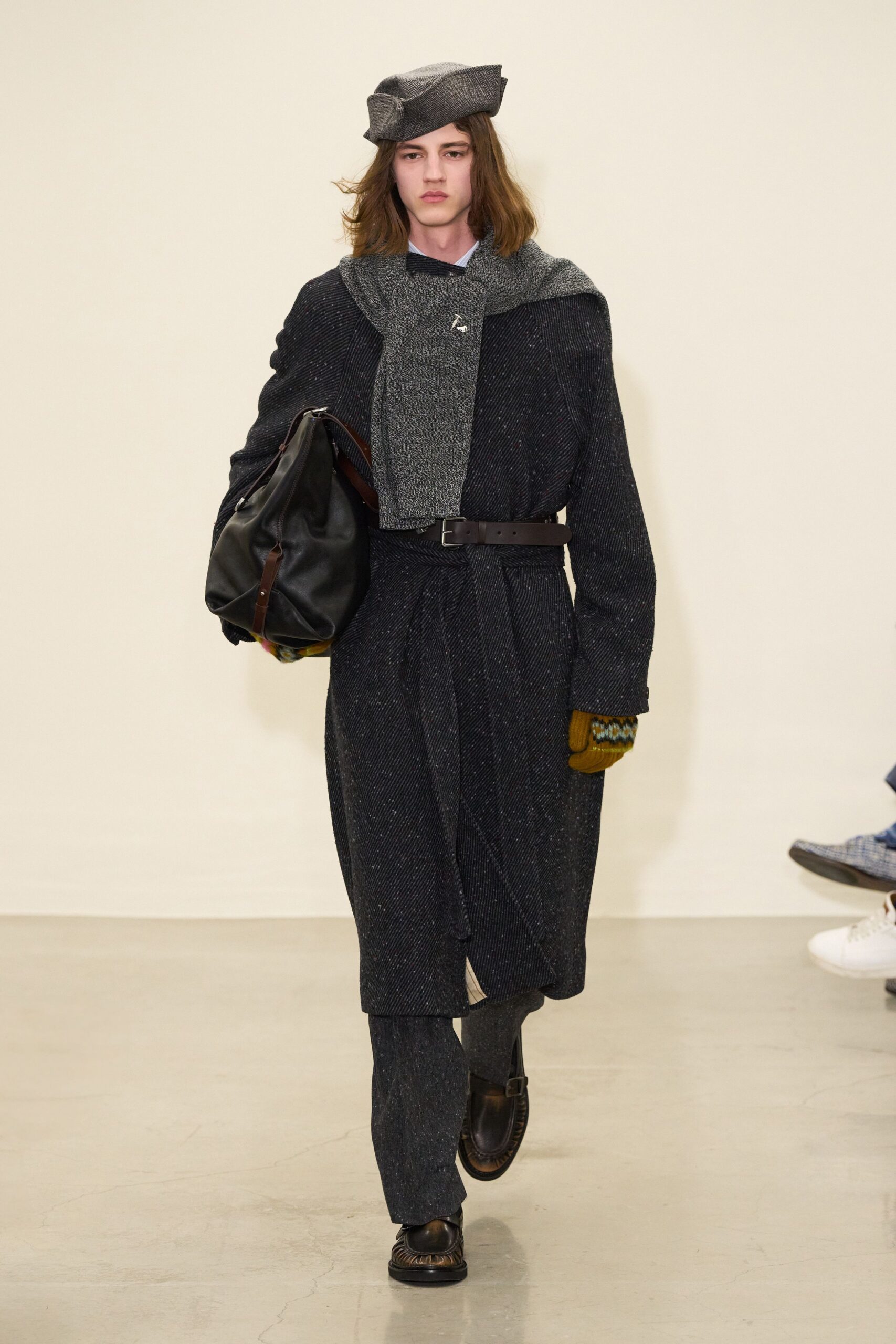black wool coat with gray hat