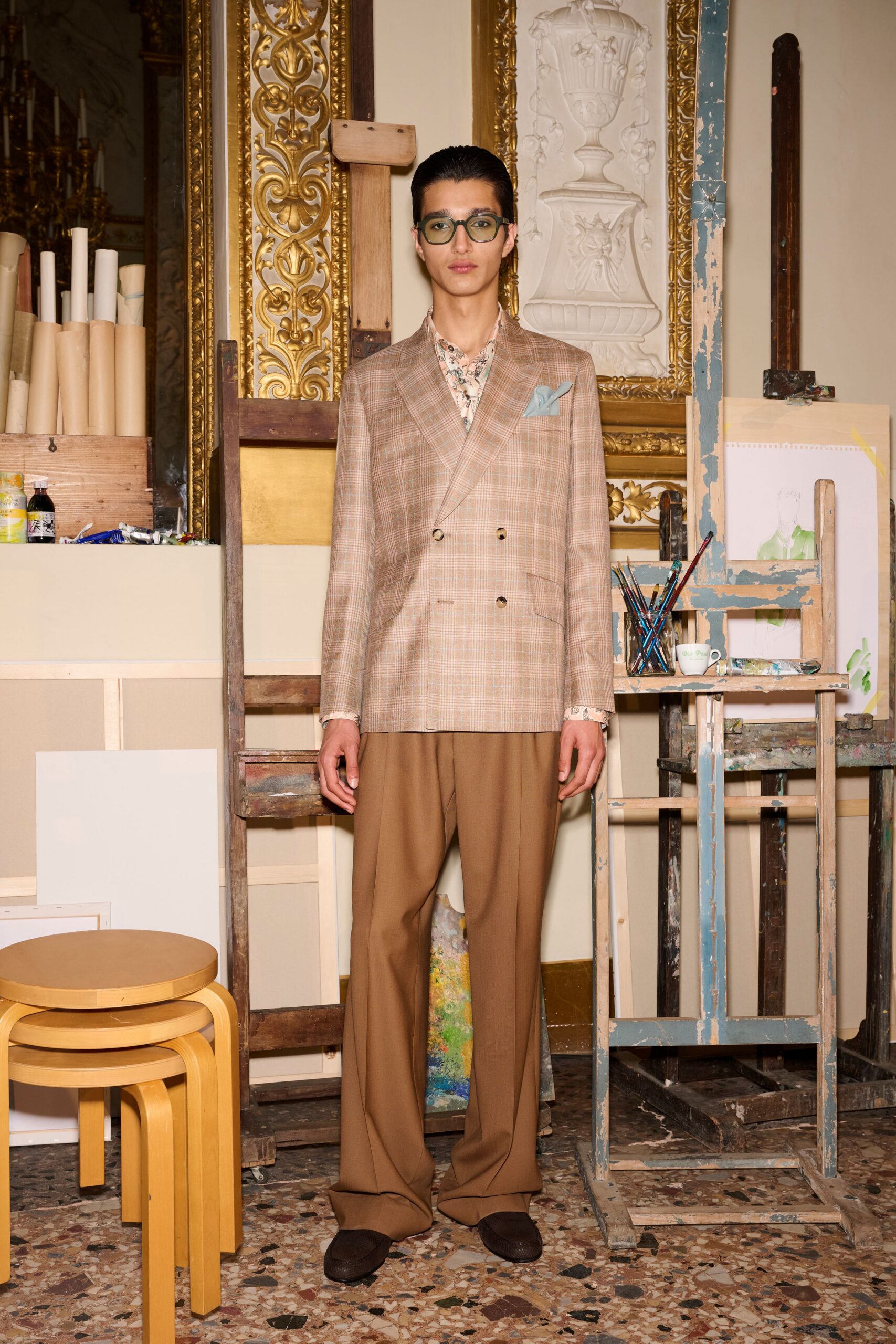 beige checked blazer with brown pants