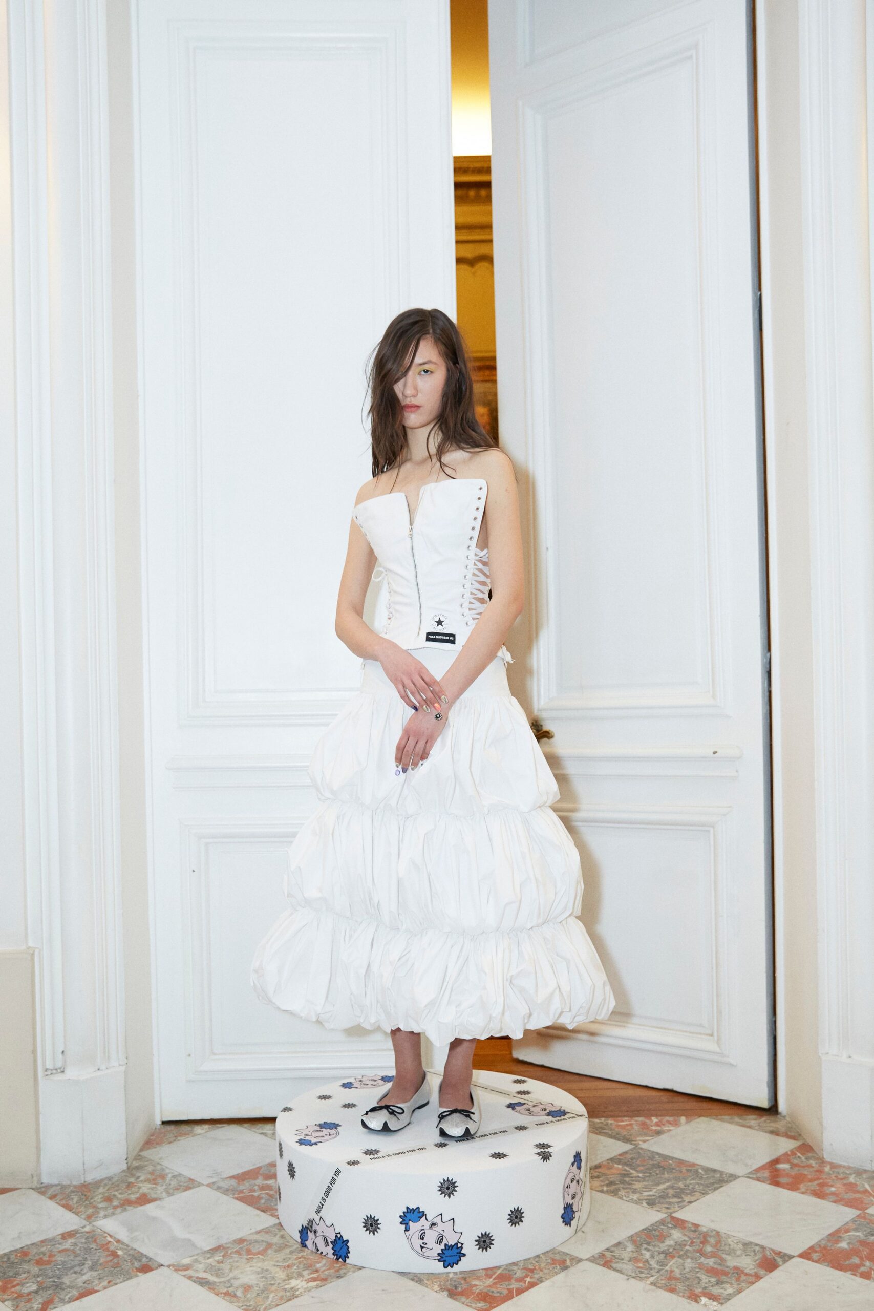 white cotton strapless fitted ruffled tiered midi dress