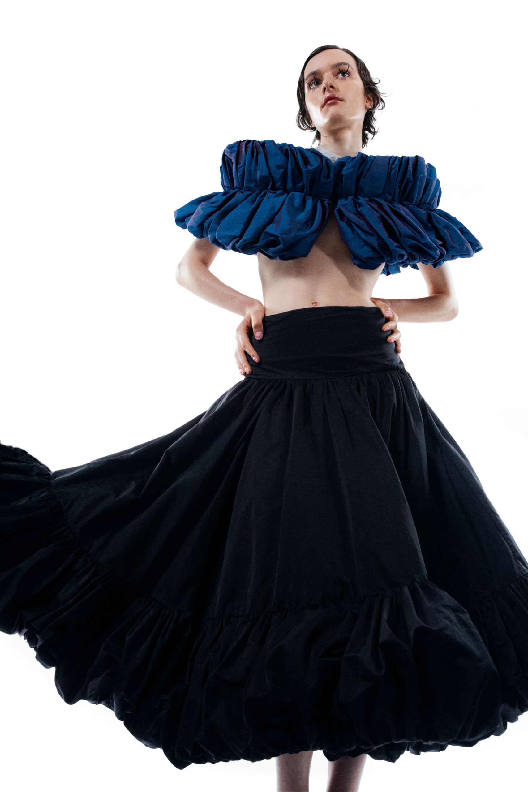 blue silk sleeveless fitted ruffled top