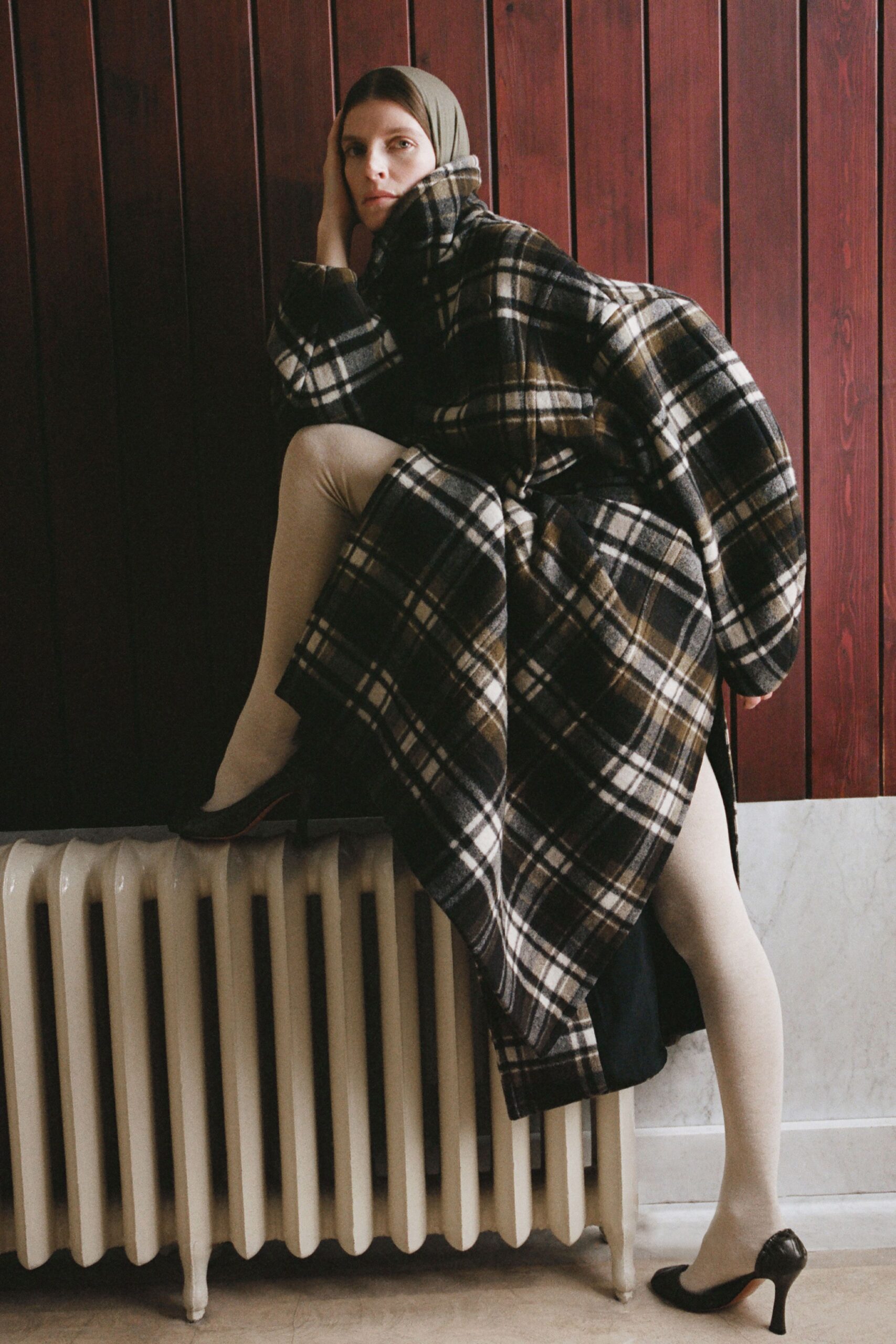 plaid wool coat with black shoes