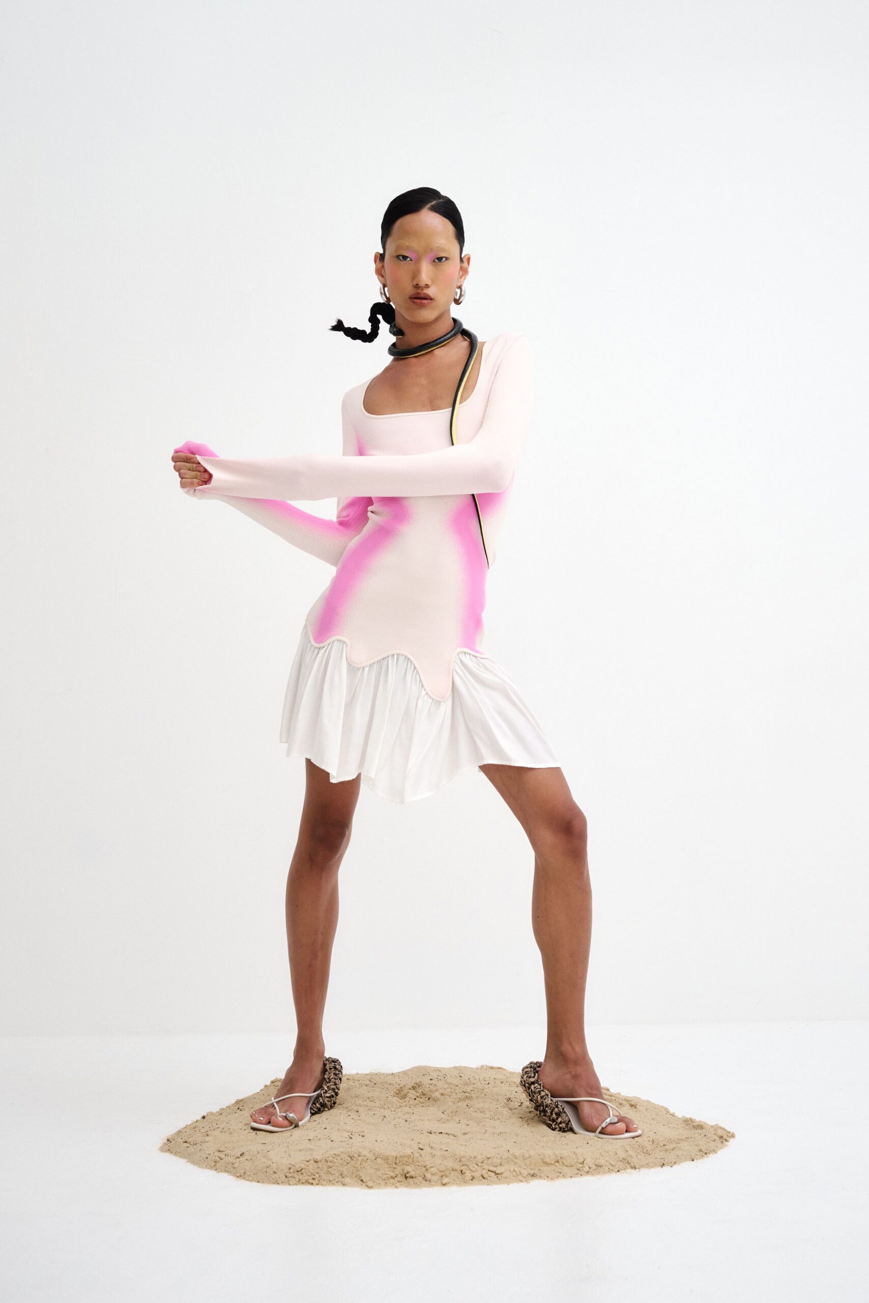 pink cotton long-sleeve square-neck fitted layered mini dress