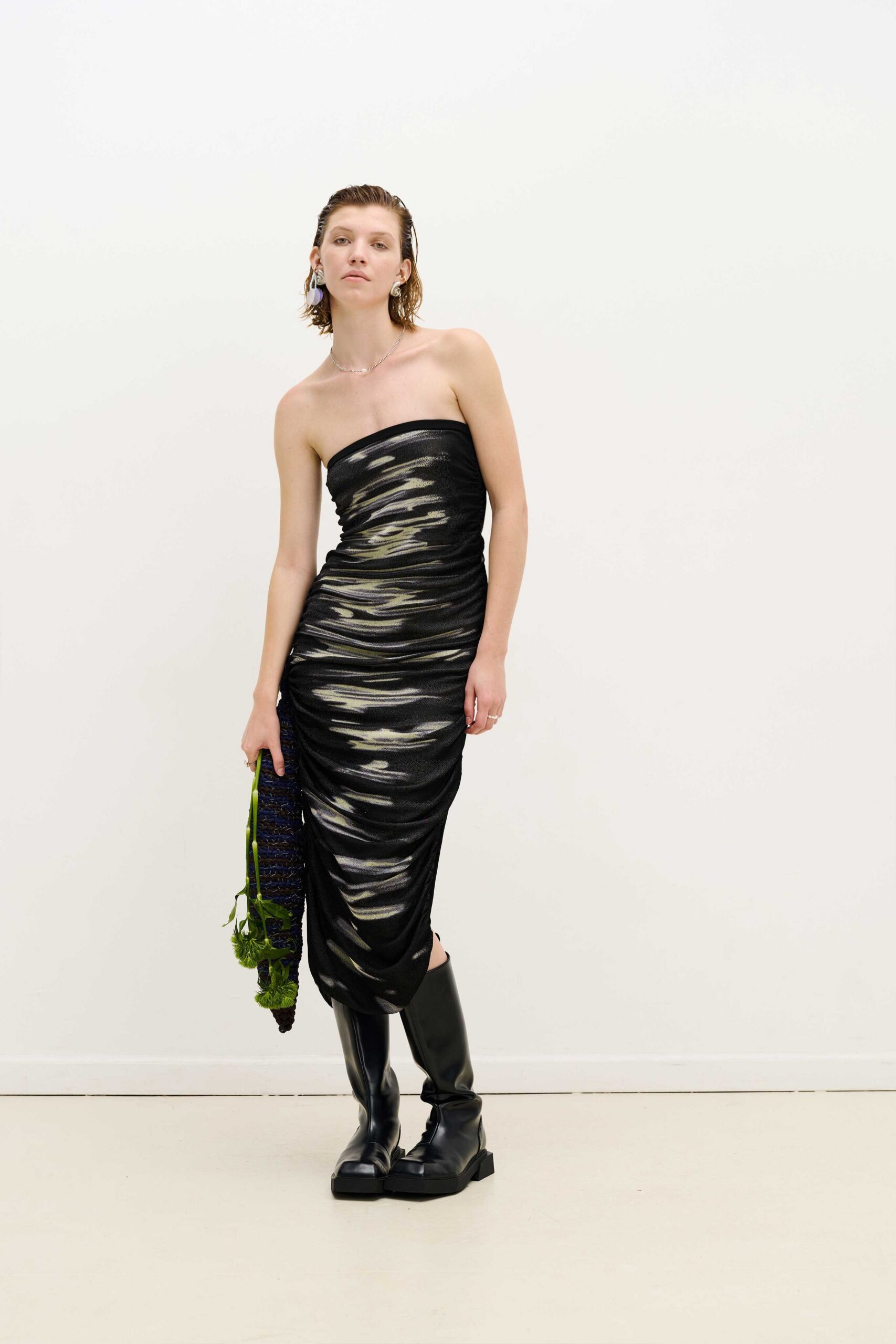 black gold ruched strapless dress