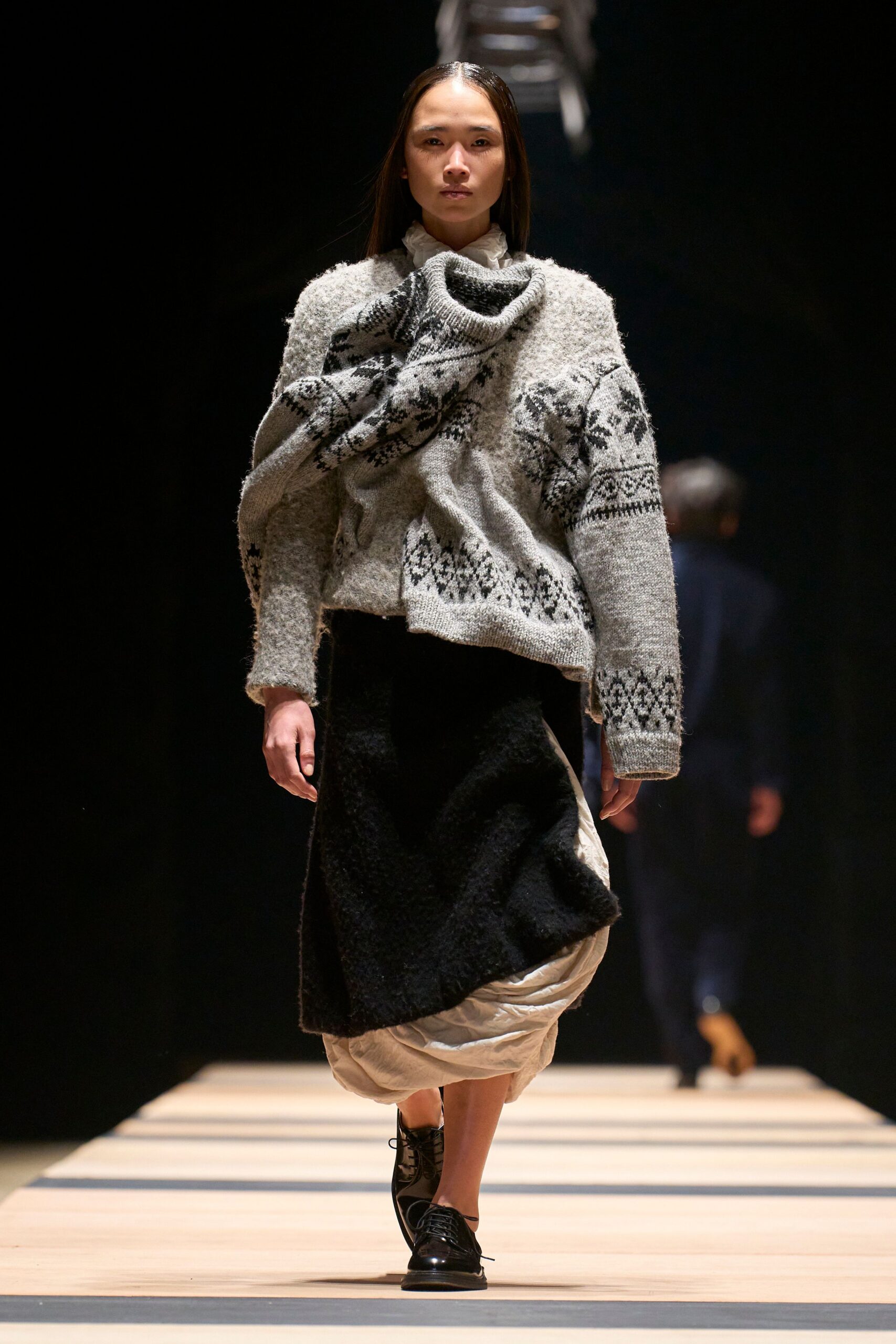 gray wool long-sleeve high-neck relaxed embroidered sweater