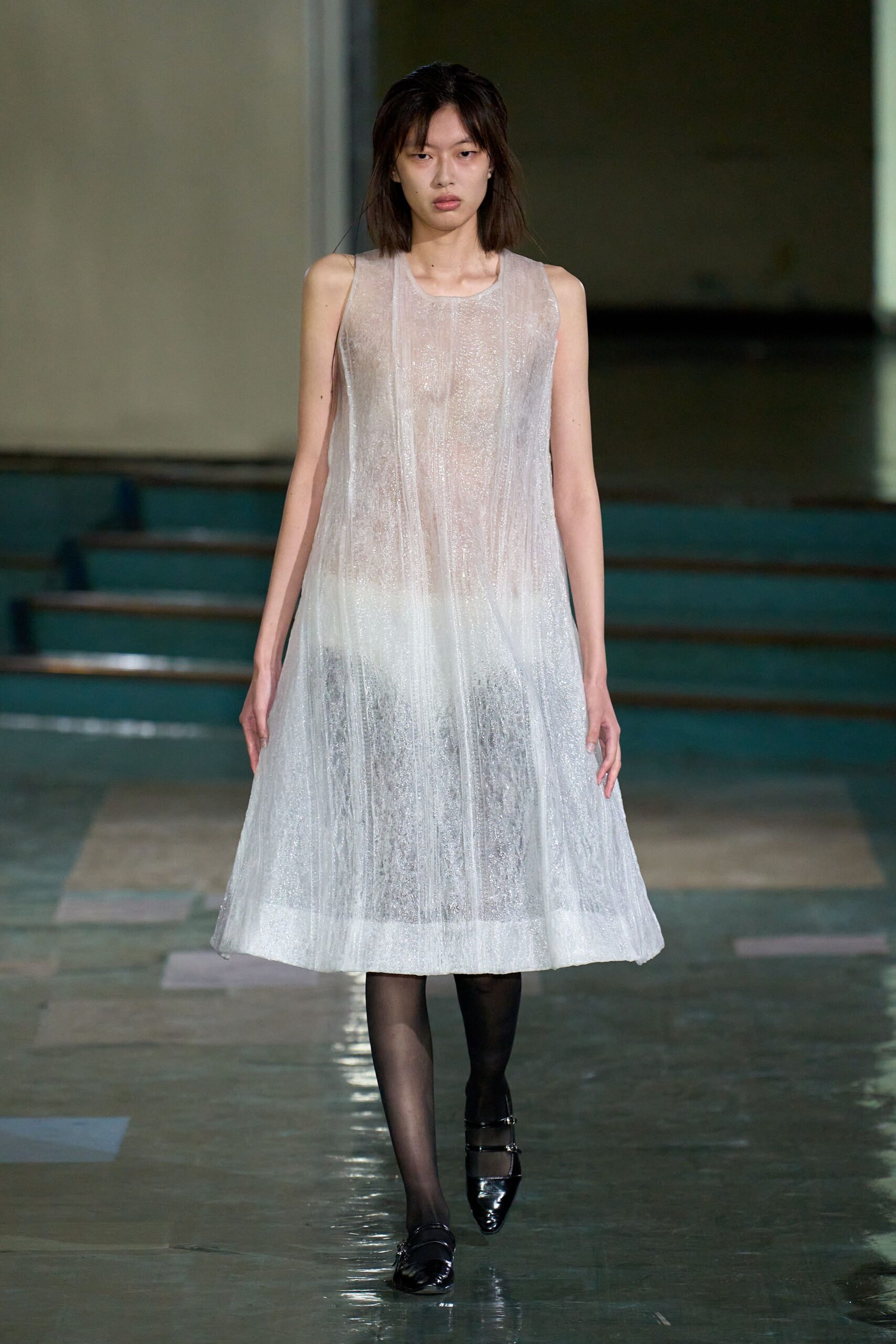 white mesh sleeveless v-neck relaxed layered sheer dress