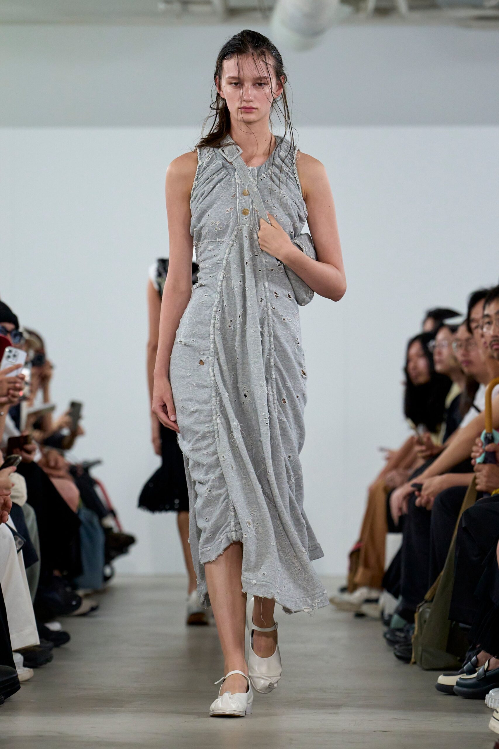 gray cotton sleeveless v-neck fitted ruched embroidered dress
