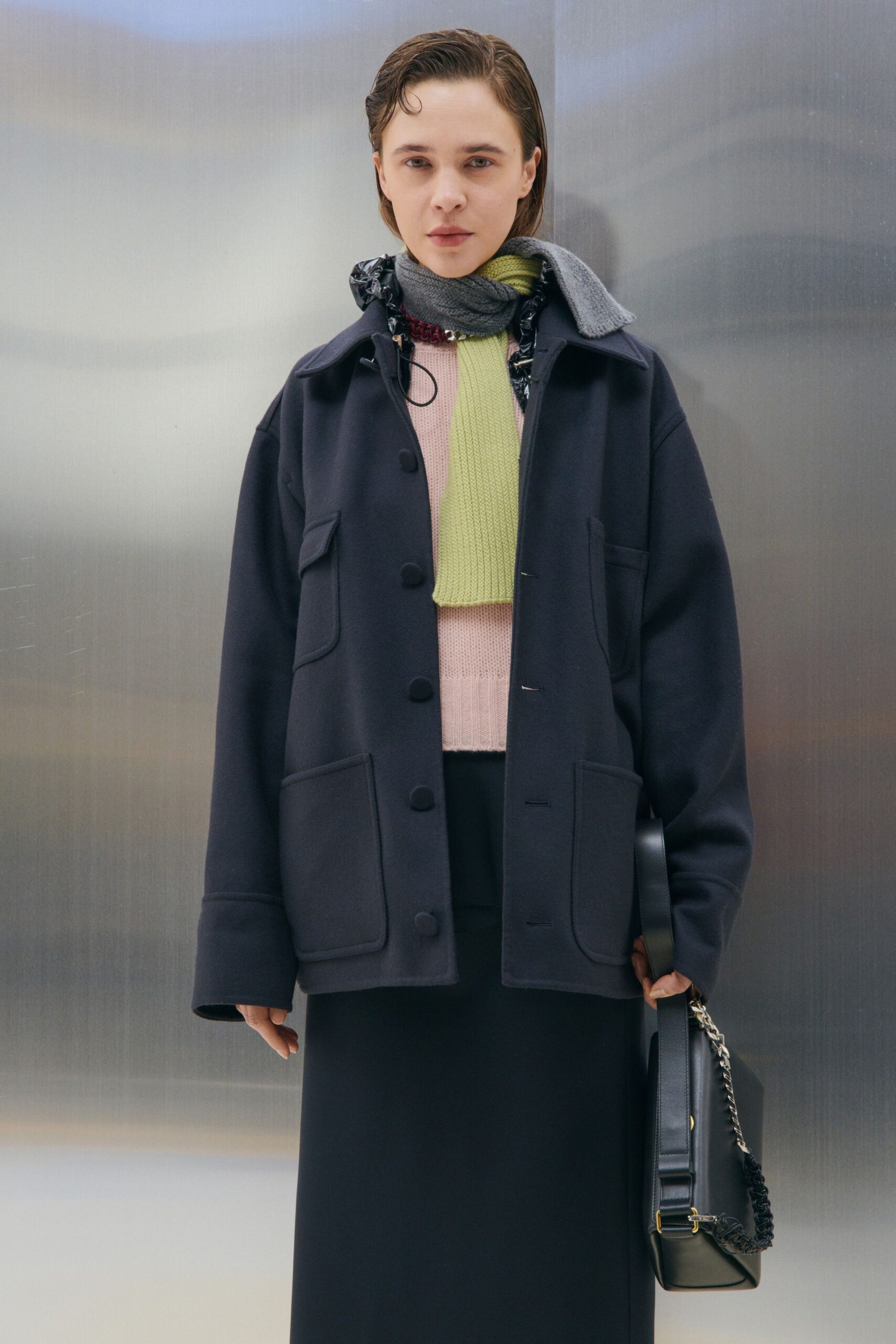 black wool long-sleeve collared relaxed buttoned pockets jacket