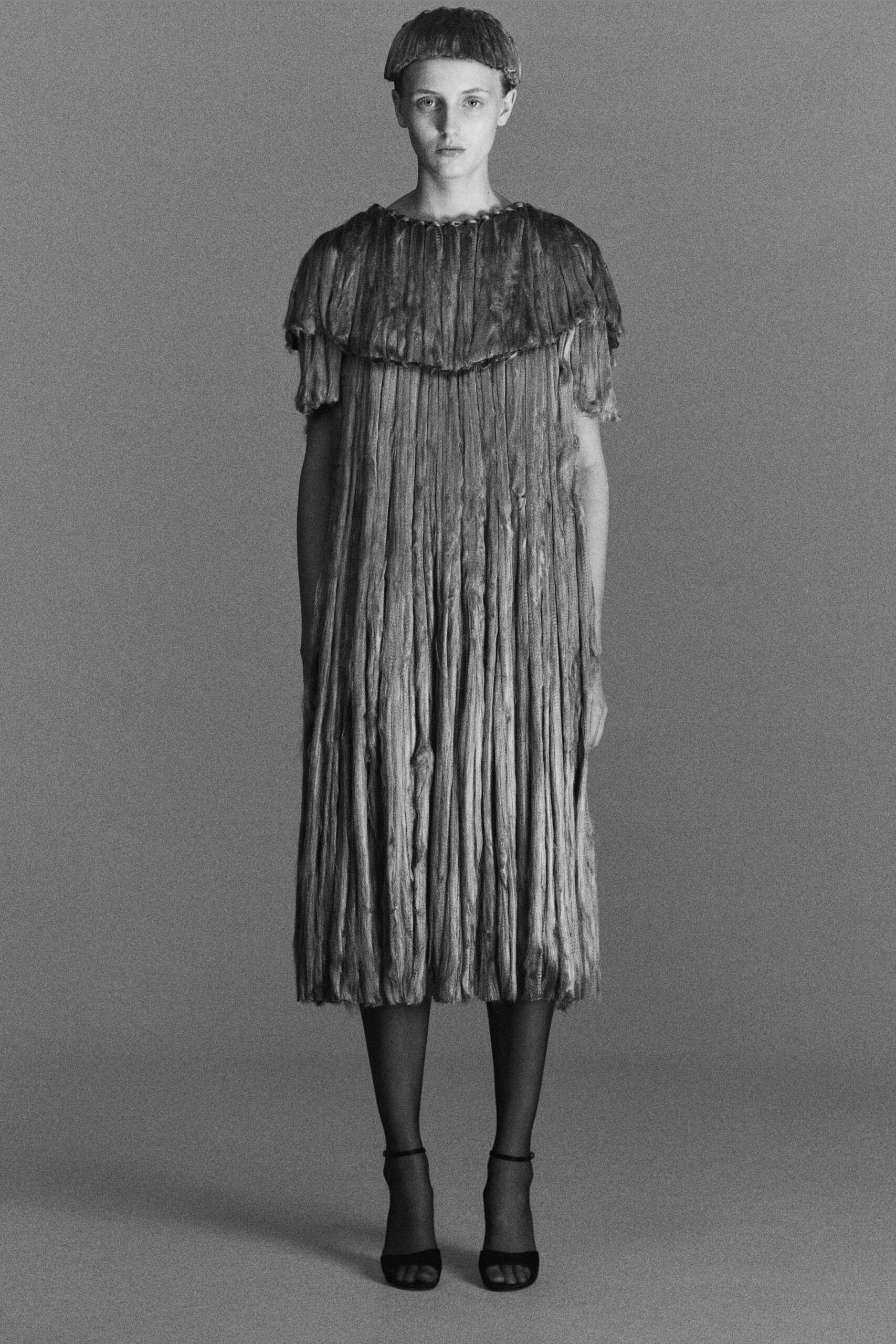 gray silk short-sleeve high-neck relaxed pleated textured dress