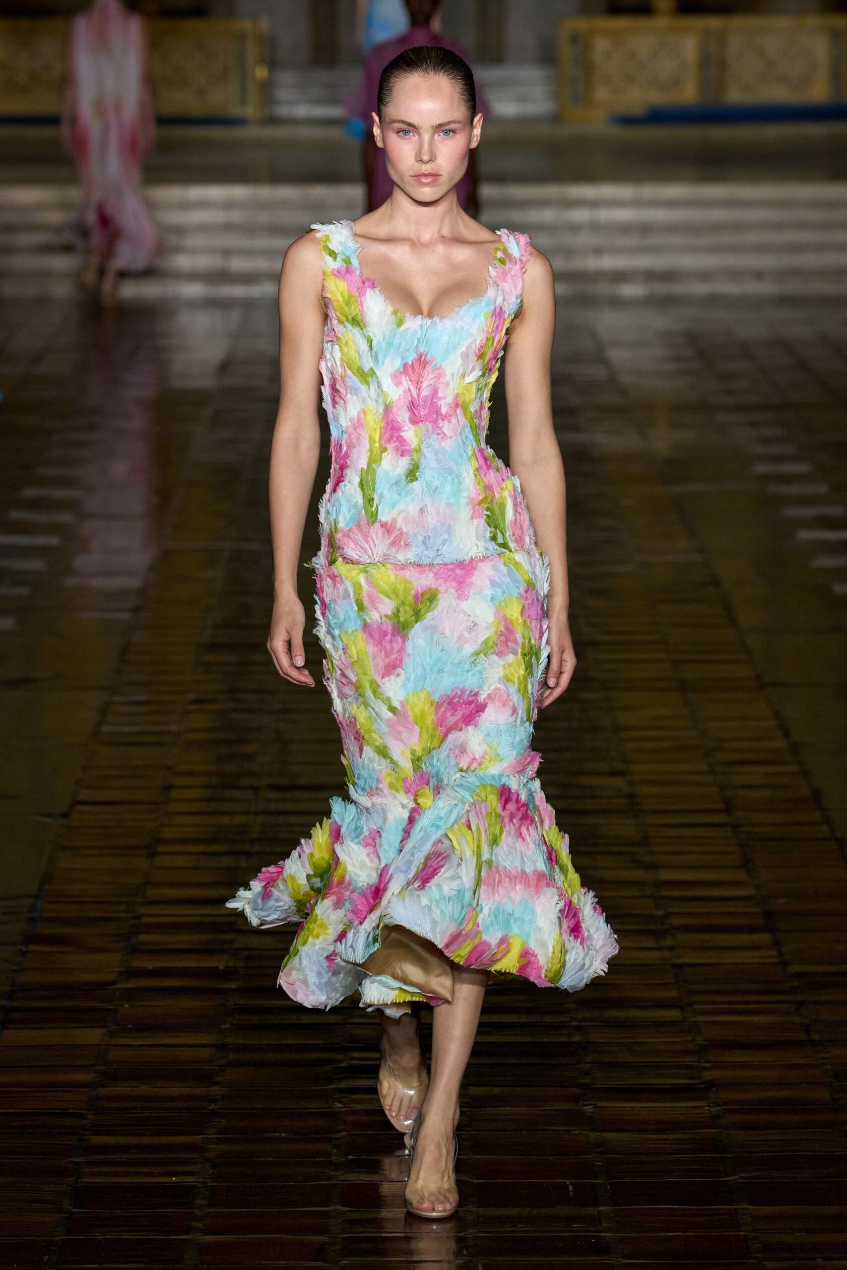 colorful ruffled midi dress with clear shoes
