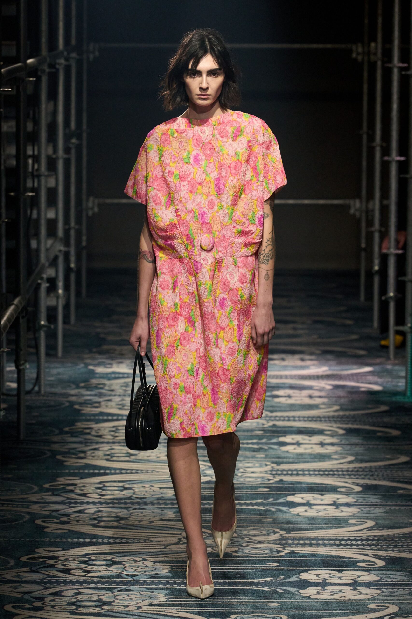 pink floral midi dress with bag