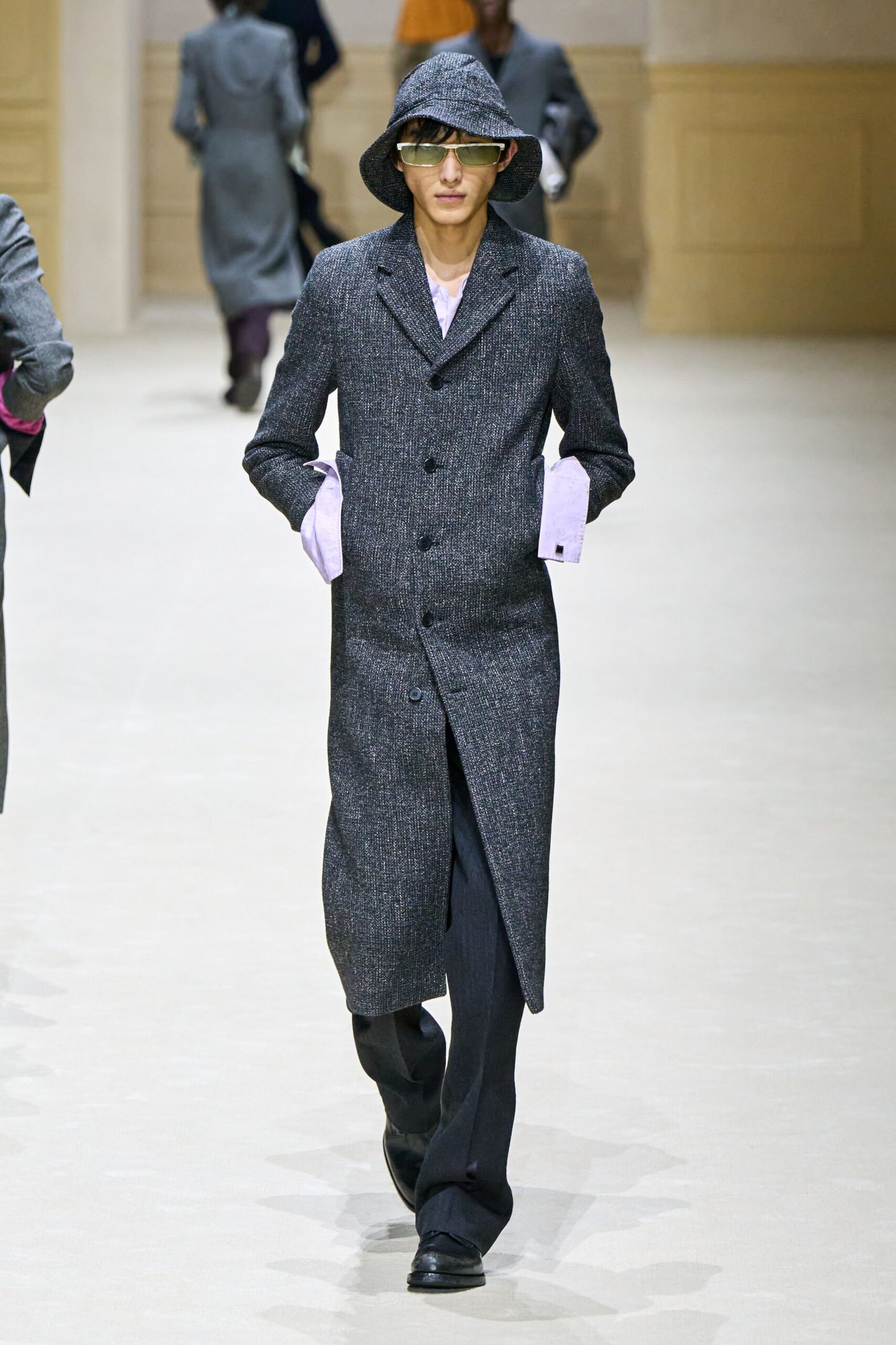 gray wool long-sleeve collared structured buttoned layered coat
