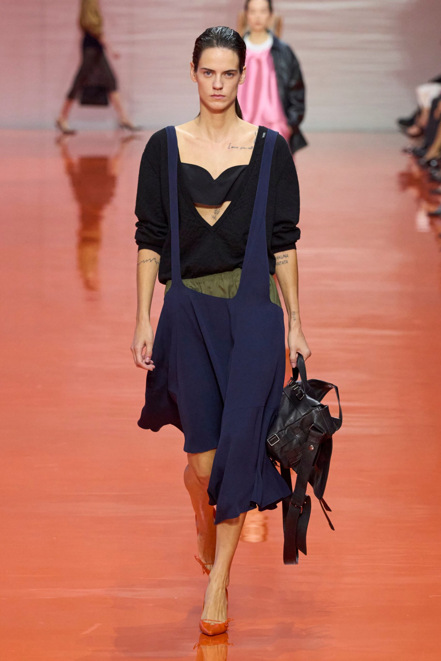 navy layered midi dress with black top