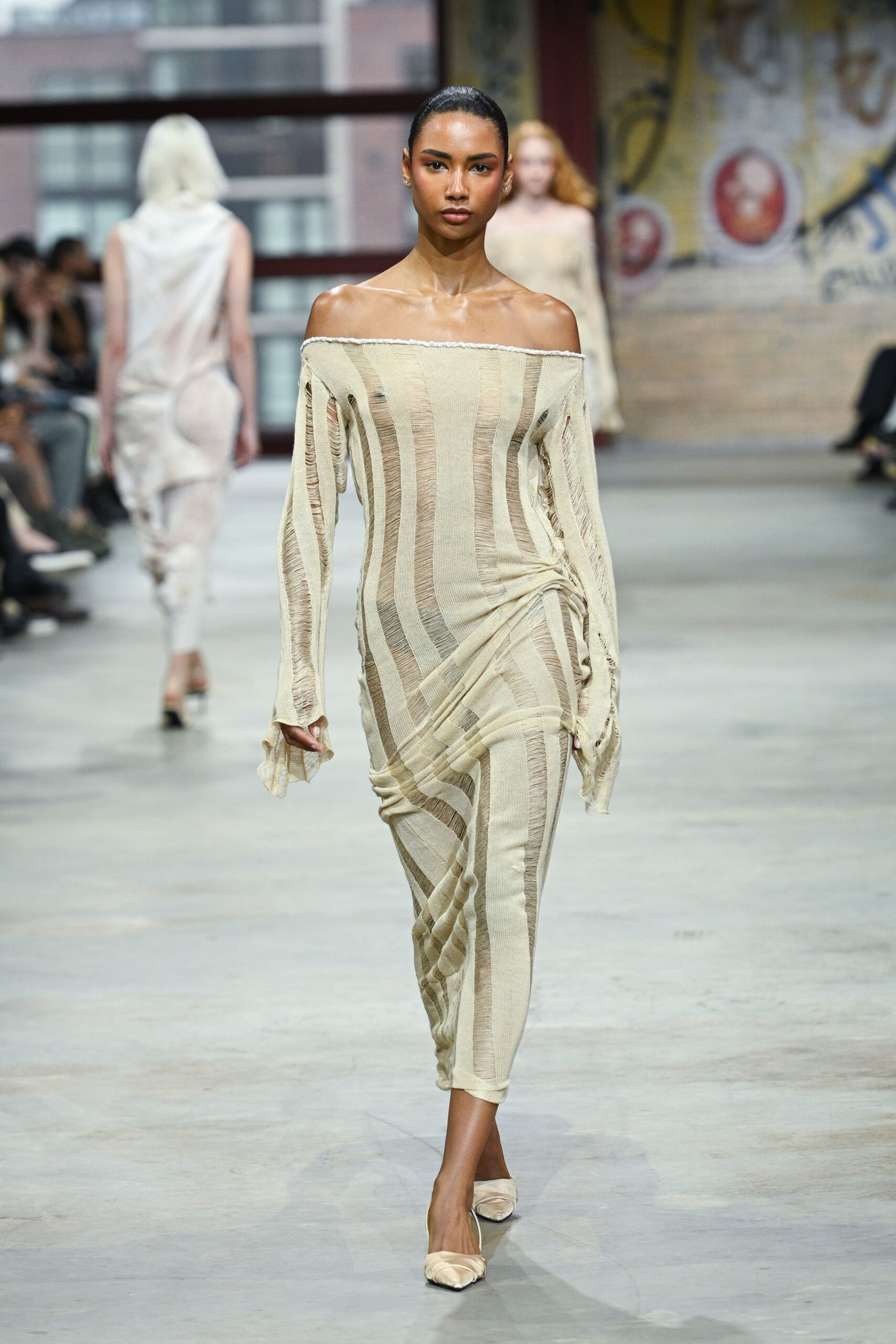 beige silk long-sleeve off-shoulder fitted striped draped dress