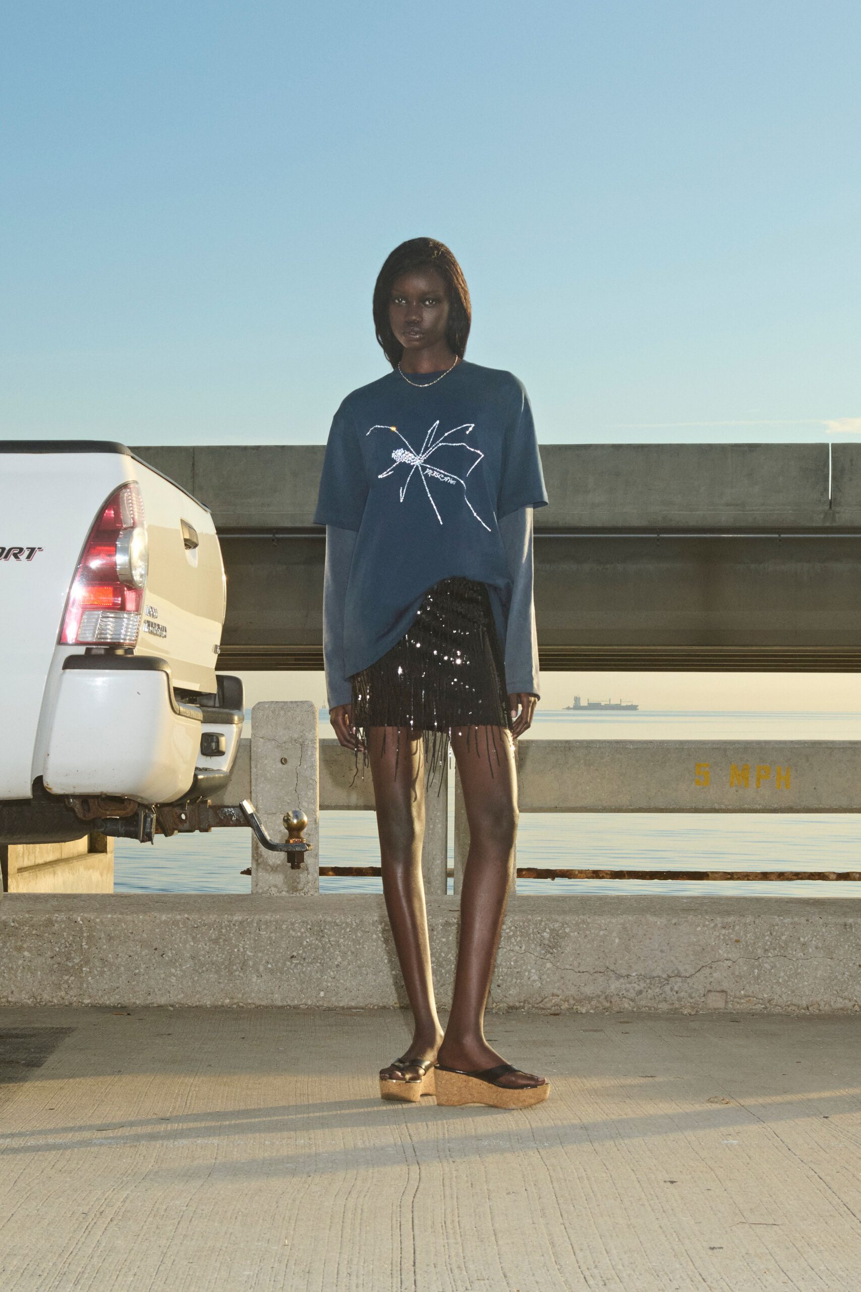 blue cotton long-sleeve collared oversized printed t-shirt