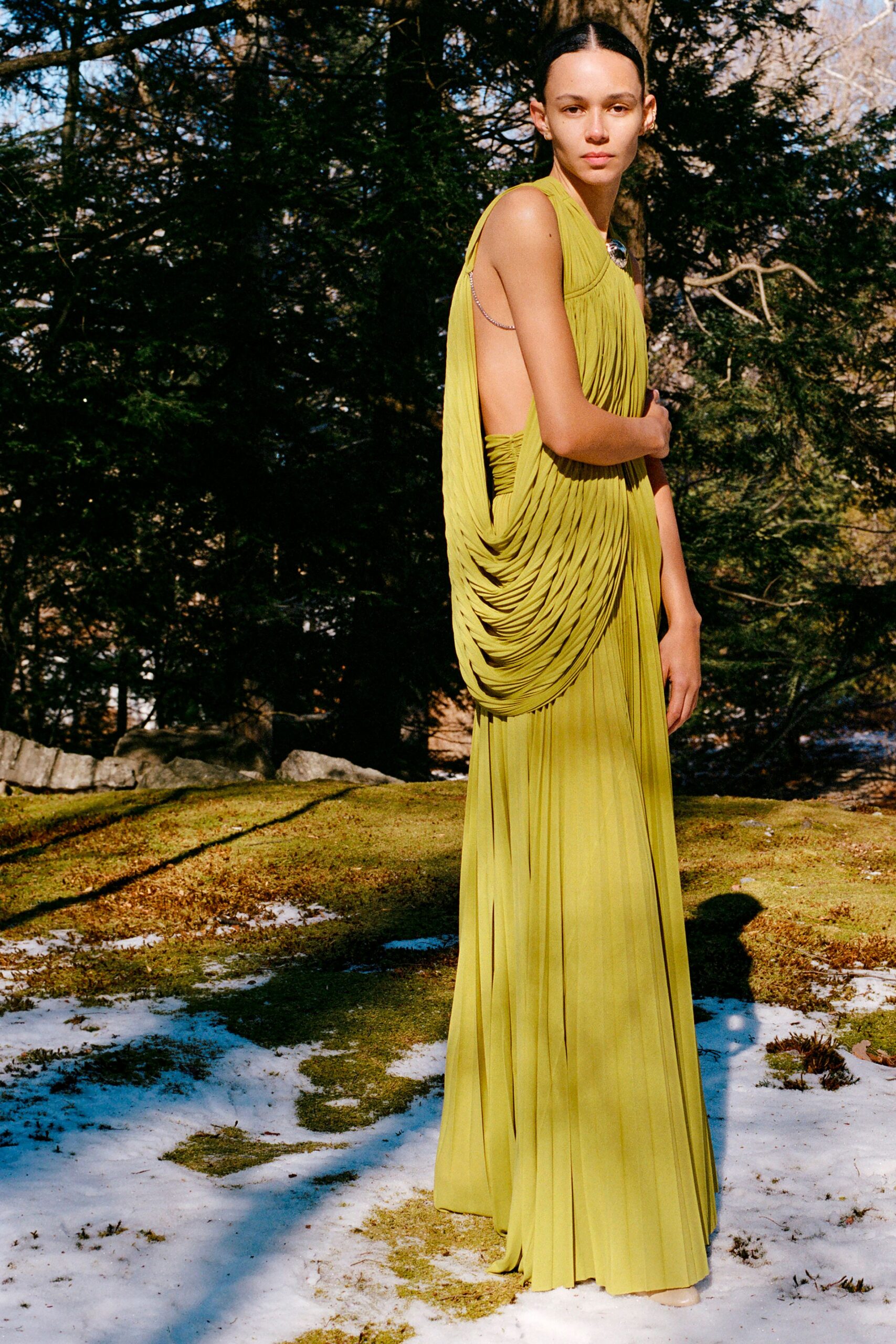 green silk pleated gown