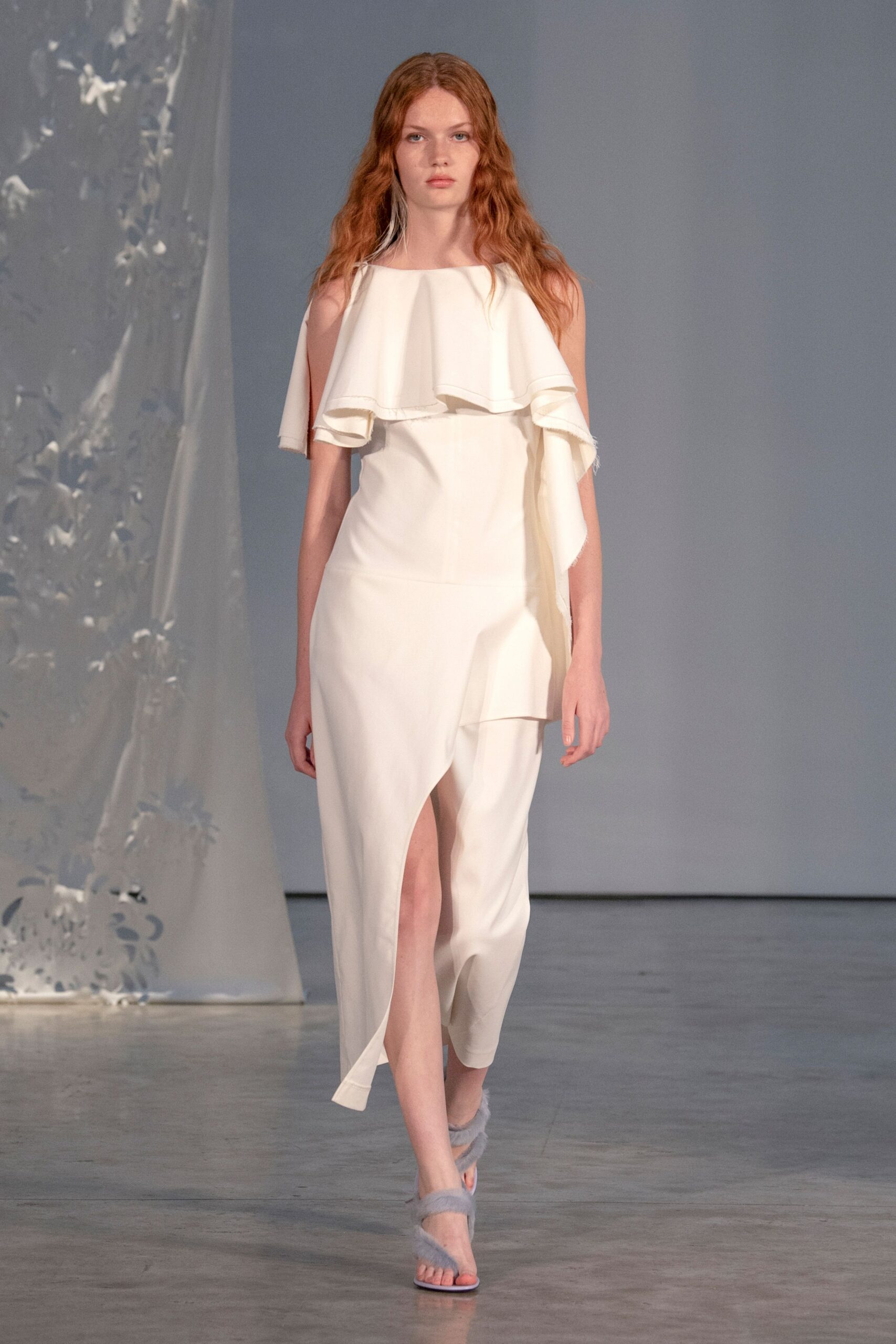 white silk sleeveless off-shoulder fitted ruffled midi dress