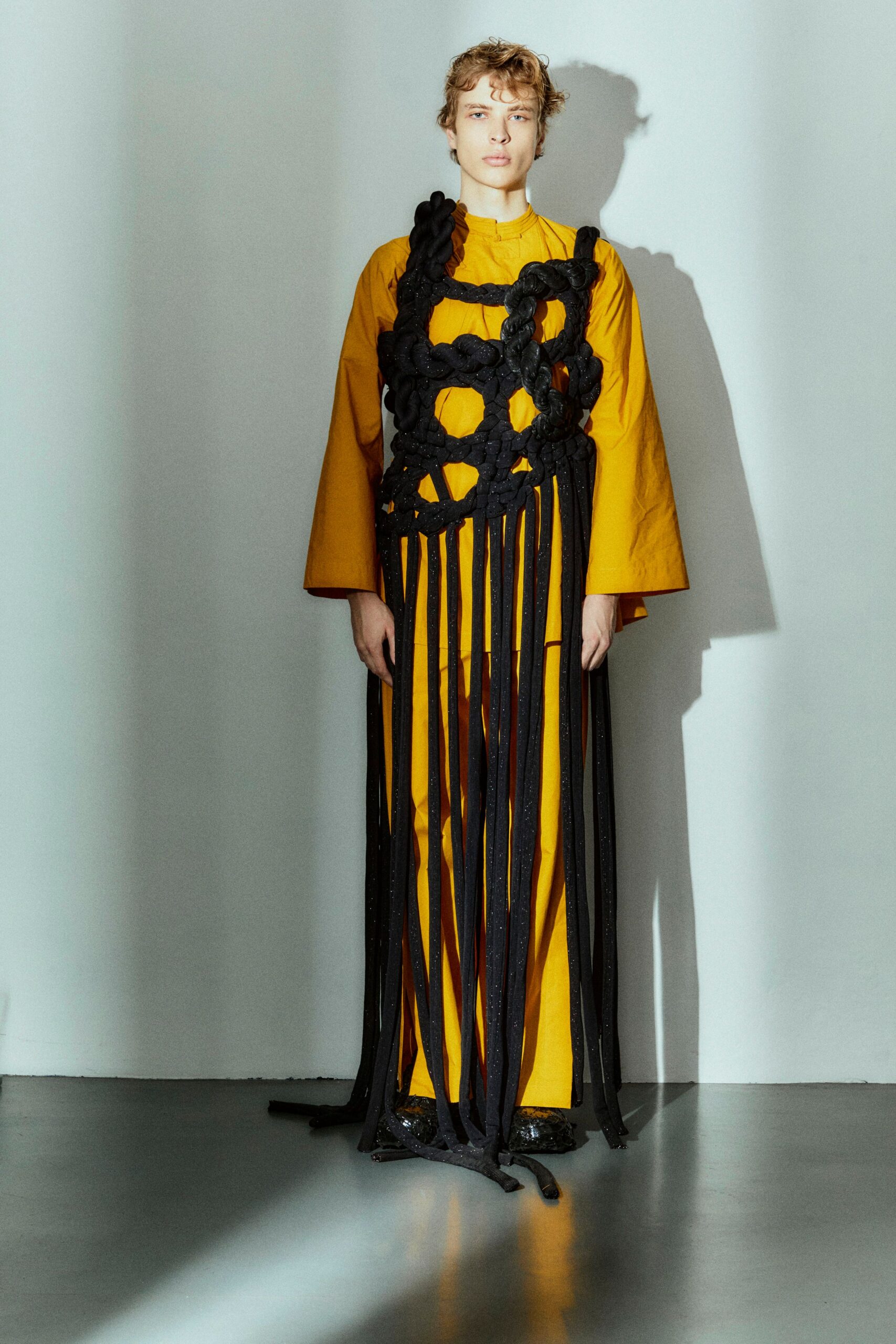 yellow relaxed maxi dress with black fringe overlay